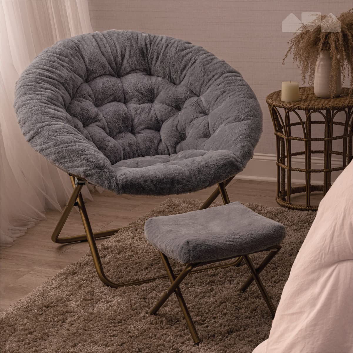 Milliard Extra Large Cozy Chair with Footrest Ottoman - Faux Fur Saucer Chair for Bedroom, Living Room & Dorm - Grey - Perfect for Relaxing, Reading & Lounging