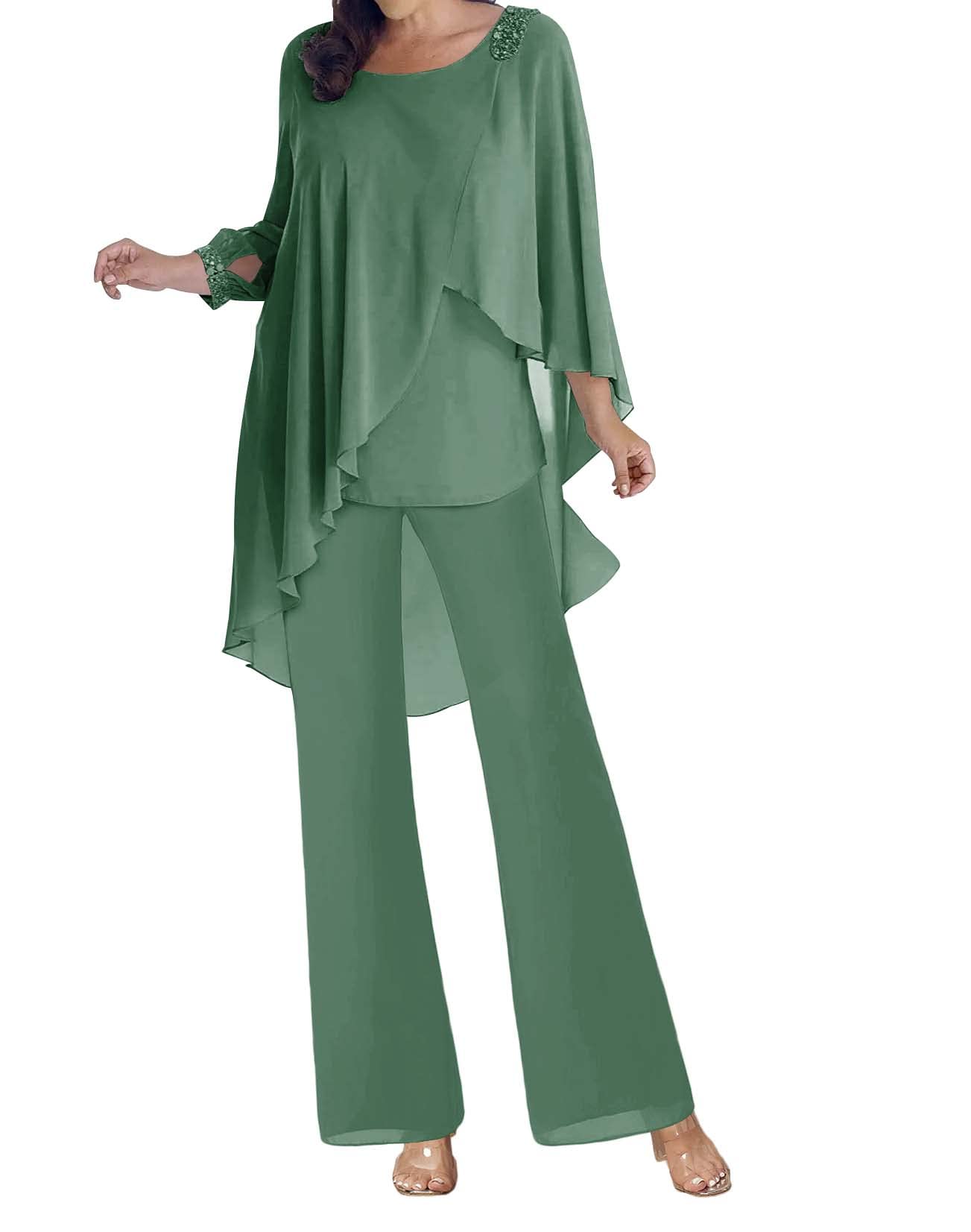 Elegant Mother of The Bride Pant Suit - Chiffon Formal Dress with Beaded 3/4 Sleeves & Cloak for Wedding Guest & Groom Women | Perfect for Evening Ceremonies, Receptions & Special Occasions