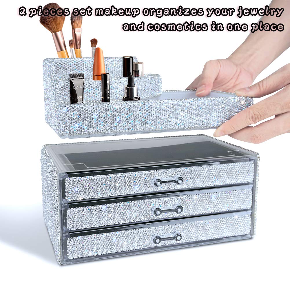 KEYPOWER Bling Rhinestone Makeup Organizer with 12PCS Makeup Brushes & Pouch Bag - White Cosmetic Jewelry Storage Drawer for Vanity, Bathroom & Travel Organization