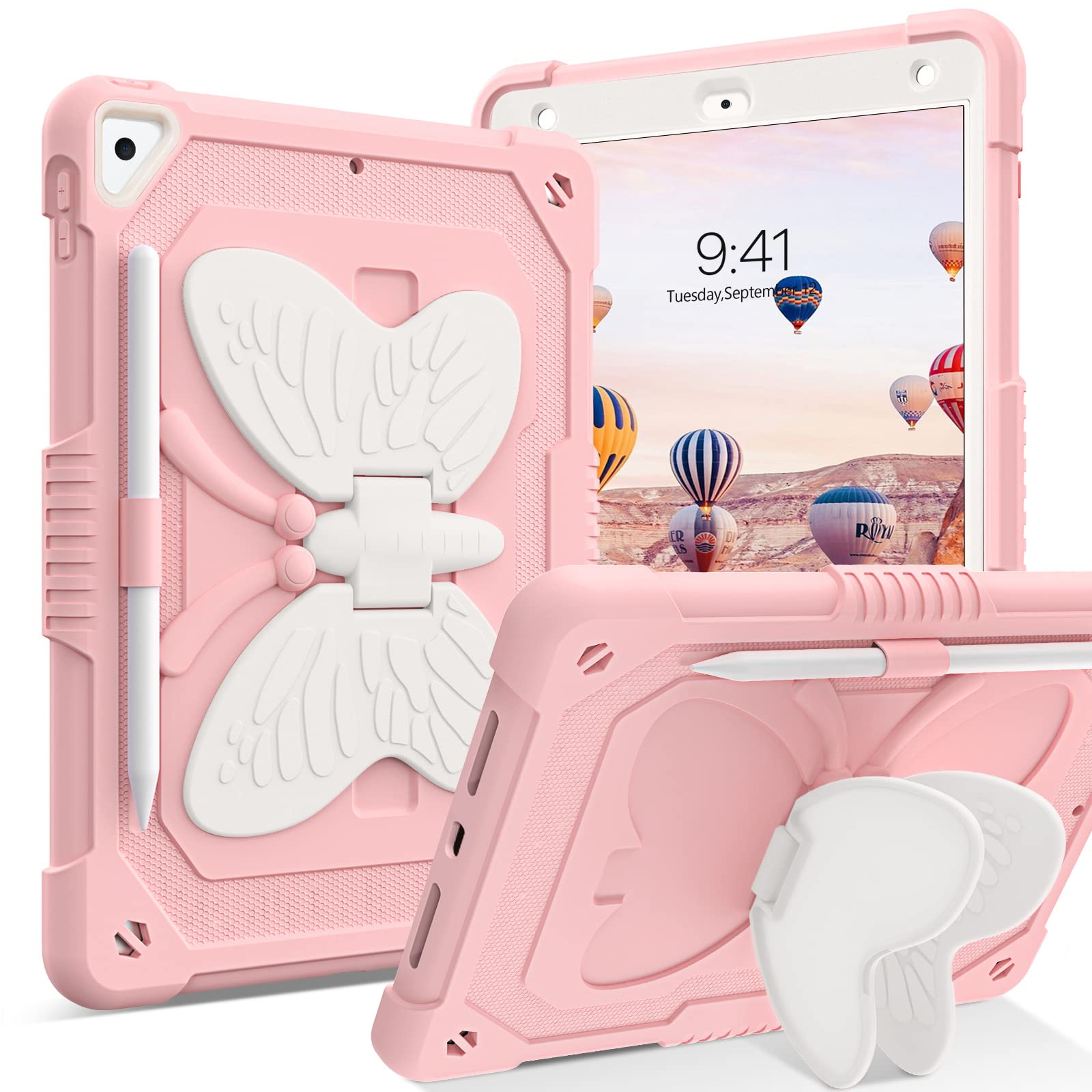 GUAGUA 2 in 1 Shockproof iPad Case with Kickstand - Rugged Protective Cover with Pen Holder for iPad 6/5/Air 2/9.7/Pro 9.7 - Anti-Scratch, Durable Design in Pink/Beige - Perfect for Travel, Work & School Use