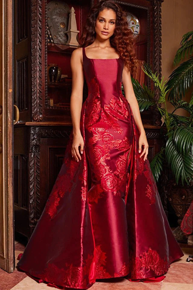 Jovani 07441 Red Pleated Overskirt Sleeveless Prom Gown - Elegant Formal Dress for Homecoming, Pageants & Special Occasions