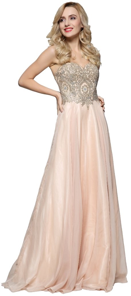 Elegant Gold Embroidered Beaded Strapless Prom Dress for Women | Formal Evening Gown for Homecoming, Ball & Special Occasions