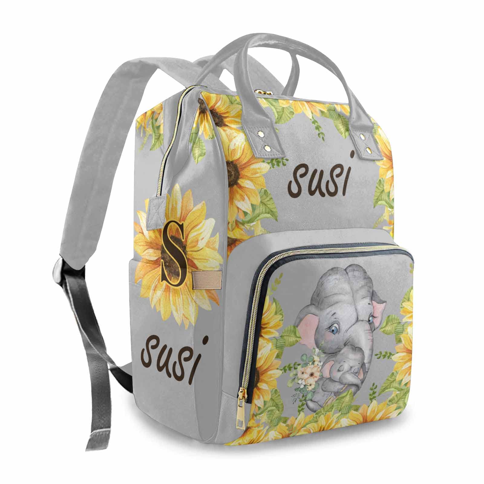 **Personalized Gray Sunflower Elephant Diaper Backpack – Large Waterproof Baby Bag for Boys & Girls, Custom Name Nappy Organizer for Moms & Dads – Perfect for Travel, Nursing & Daily Use**