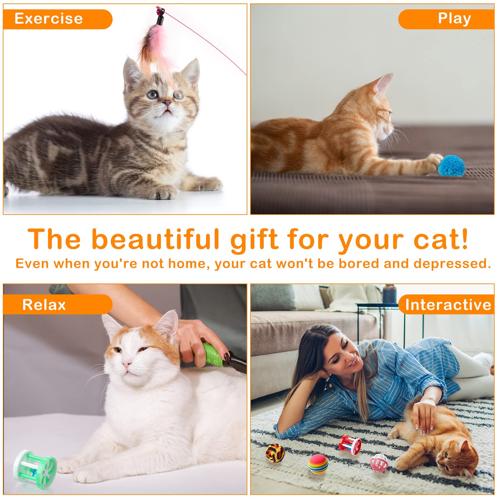 Wettarn 22-Piece Cat Toys Set with 2 Collapsible Tunnels & 20 Interactive Kitten Toys - Feather Mice, Crinkle Balls, Tubes for Indoor Cats & Puppies (Colorful) - Perfect for Playtime, Exercise & Bonding