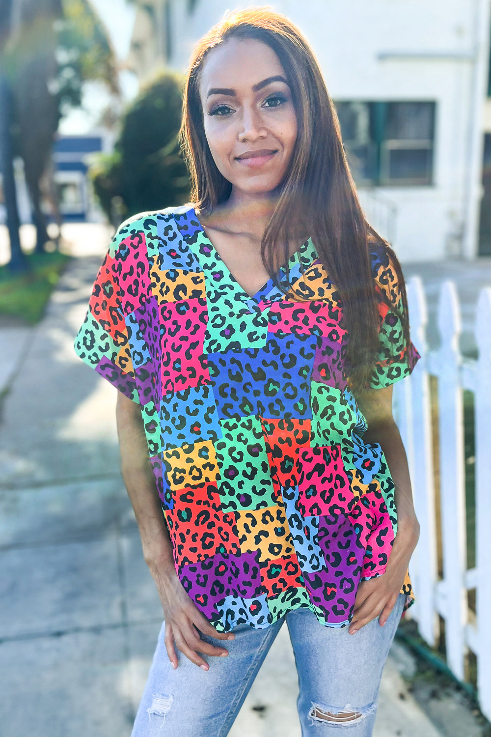Stylish Multicolor Animal Print Patchwork V-Neck Dolman Cap Sleeve Blouse for Women | Trendy Casual Top for Outings, Parties & Everyday Wear