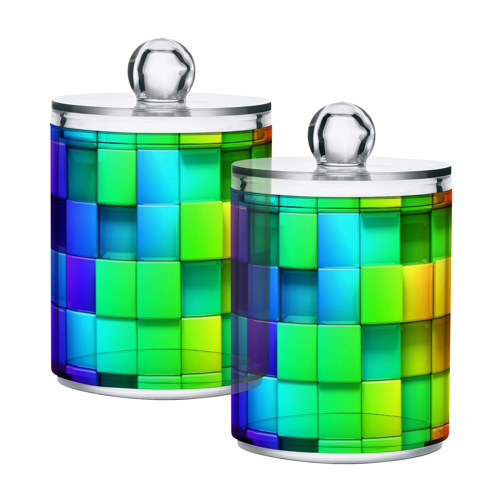 2-Pack Rainbow Checkered Plastic Storage Jars with Lids - 10oz Translucent Food Containers for Tea, Cookies, Cotton Swabs | Pantry Organization, Kitchen Storage & Craft Supplies