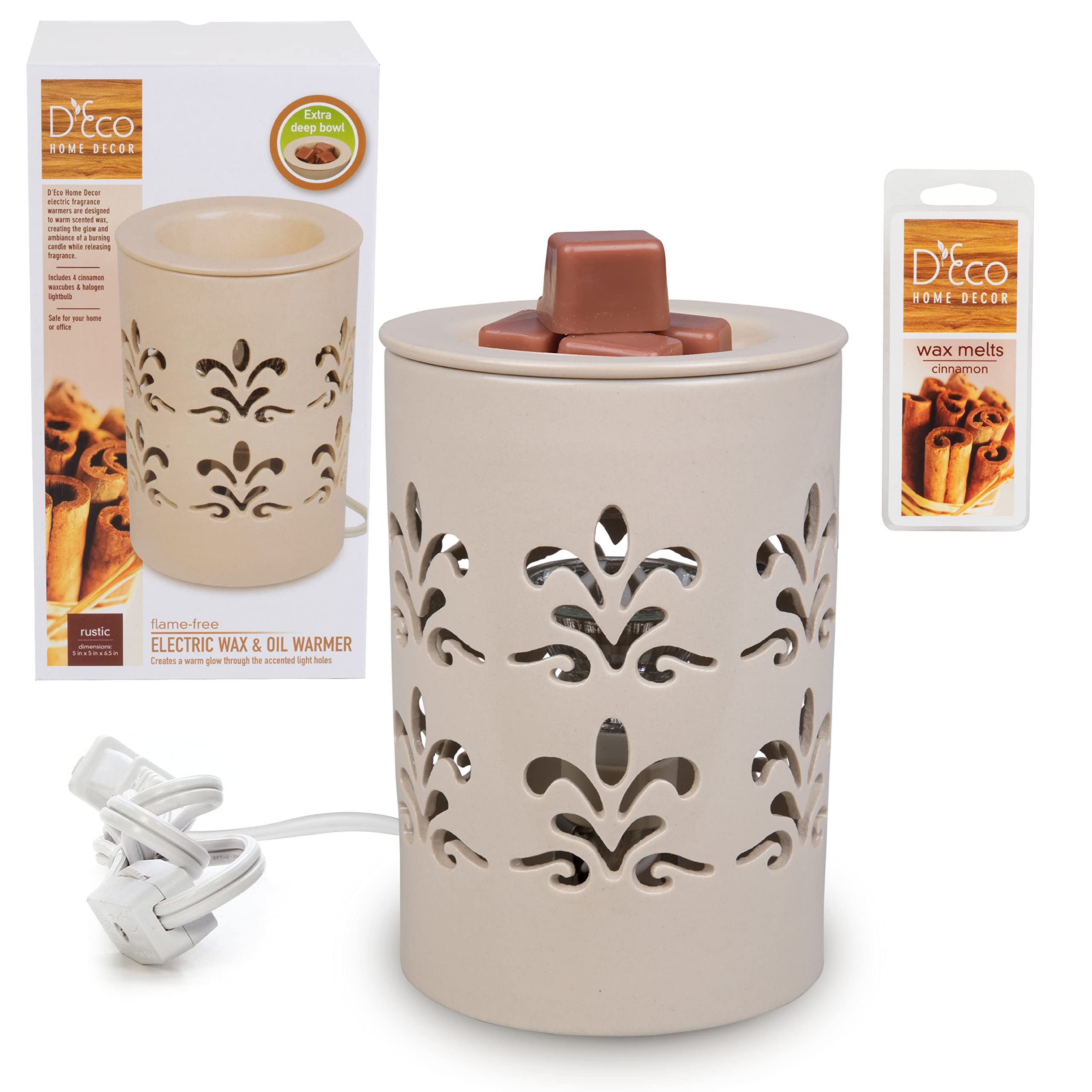D'Eco Electric Wax Melt Warmer - Plug-in Scented Tart & Candle Warmer with 6 Cinnamon Wax Cubes | Halogen Bulb for Home Fragrance | Perfect for Living Room, Bedroom, Office & Gifts (Housewarming, Wedding)