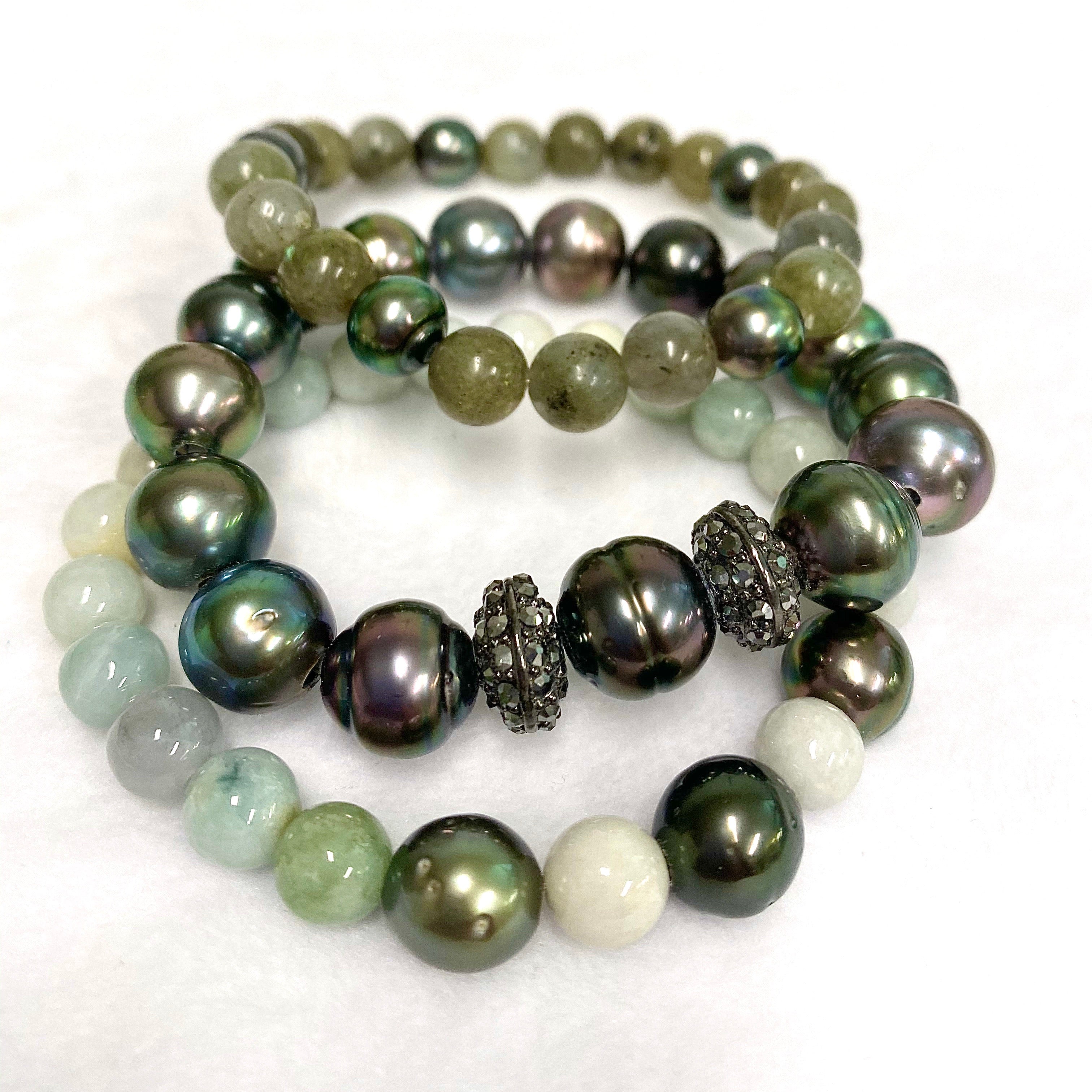 Stretchable Labradorite & Tahitian Pearl Bracelet (B478) - Elegant Adjustable Jewelry for Women, Perfect for Parties, Weddings & Everyday Wear