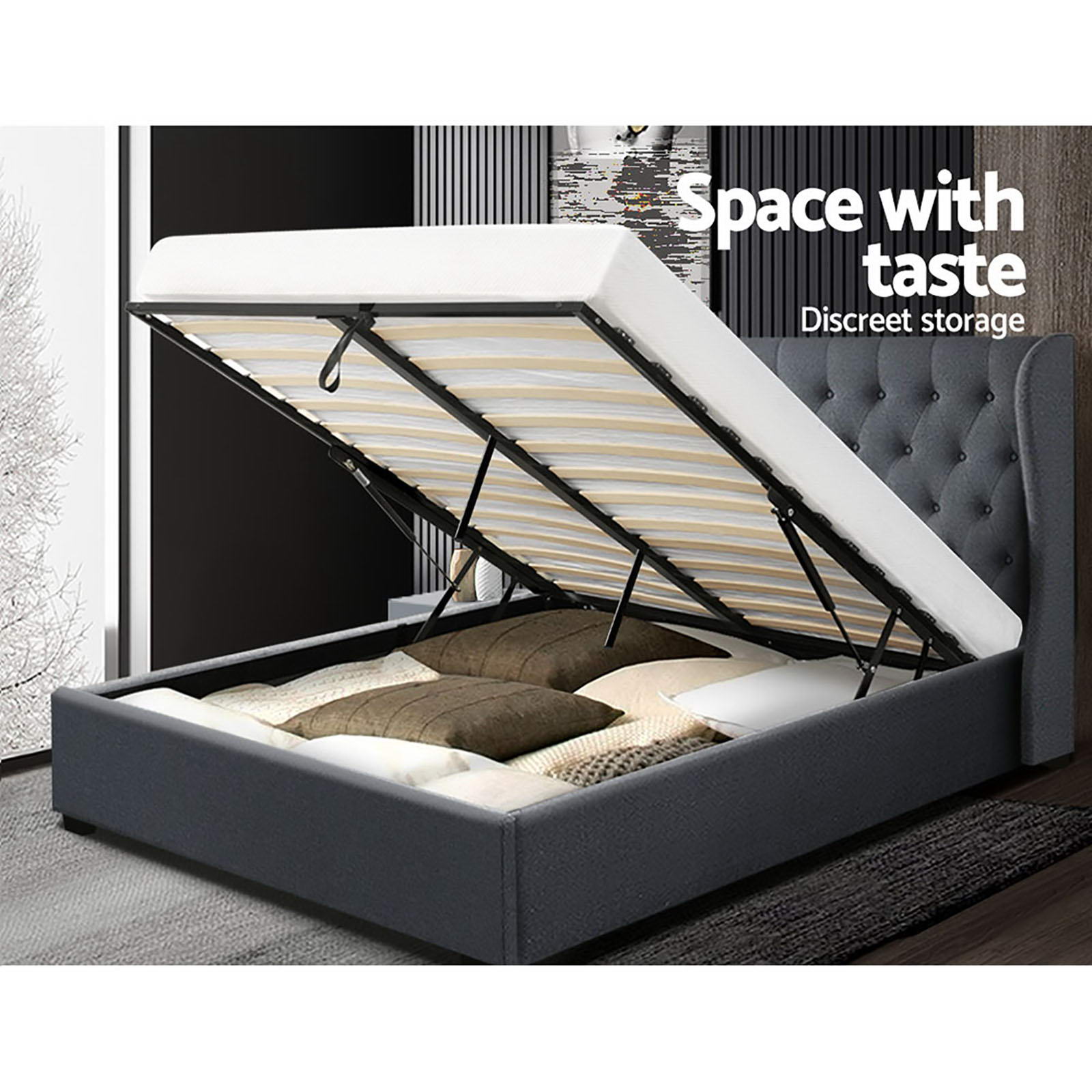 Elouera King Size Bed Frame with Gas Lift Storage - Charcoal Black - Perfect for Modern Bedrooms & Small Spaces
