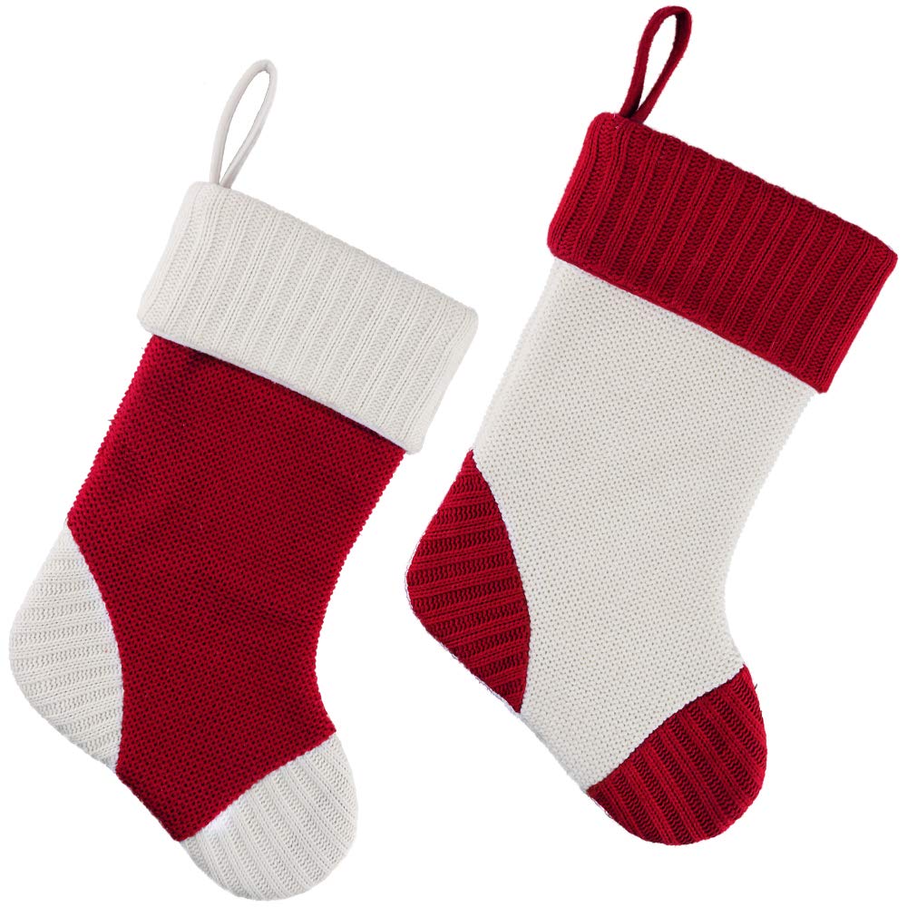 Premium Meriwoods Christmas Stockings - 2 Pack 18 Inch Large Heavy Knit Holiday Stockings, Rustic Xmas Decor for Country Home & Farmhouse Style - Burgundy Red & Cream White - Perfect for Fireplace Mantel, Staircase, and Festive Holiday Decorations