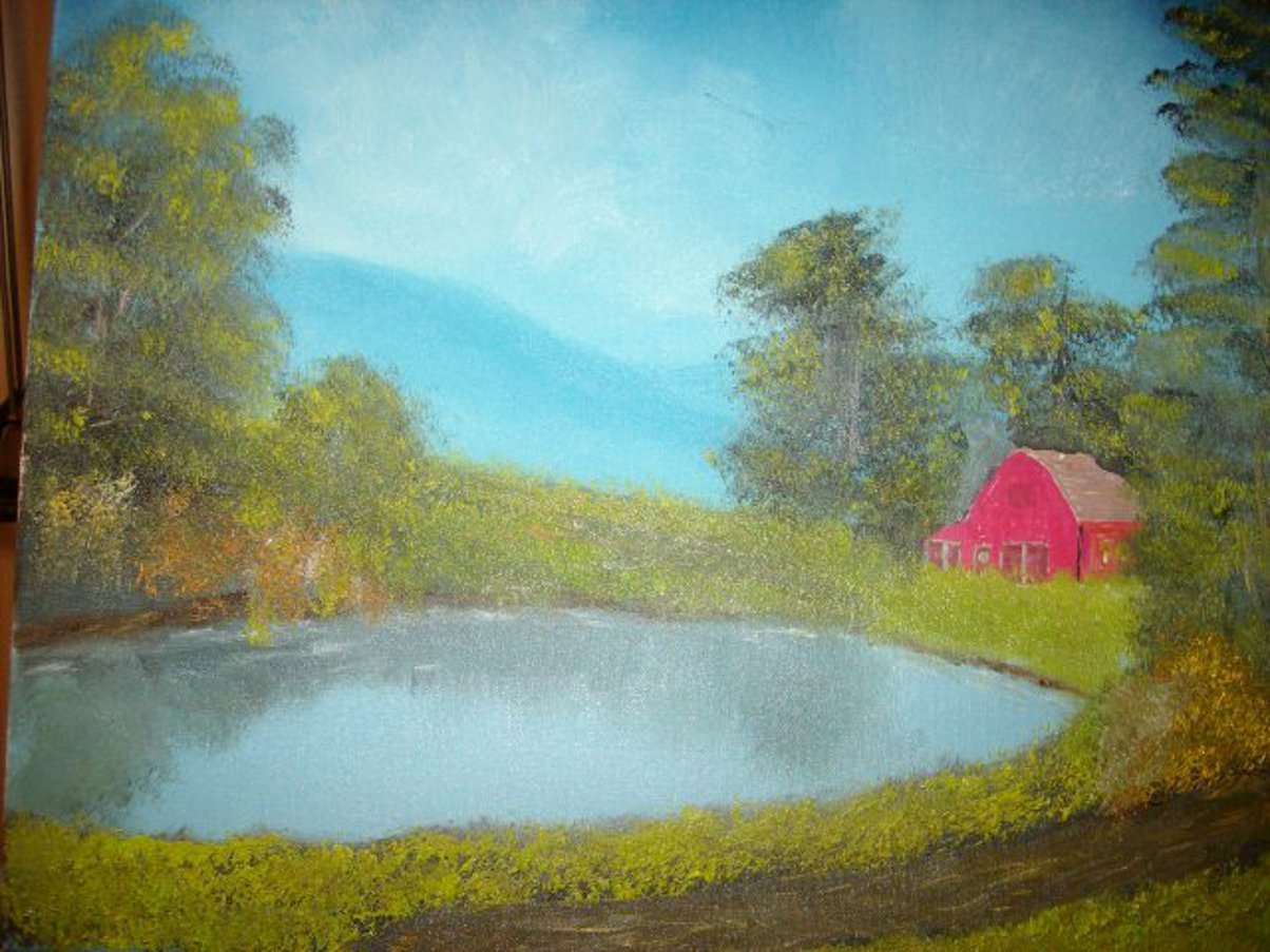 Red Barn Beside a Pond - Rustic Countryside Landscape Painting for Home & Office Decor | Perfect for Farmhouse, Cabin, or Cottage Style Interiors