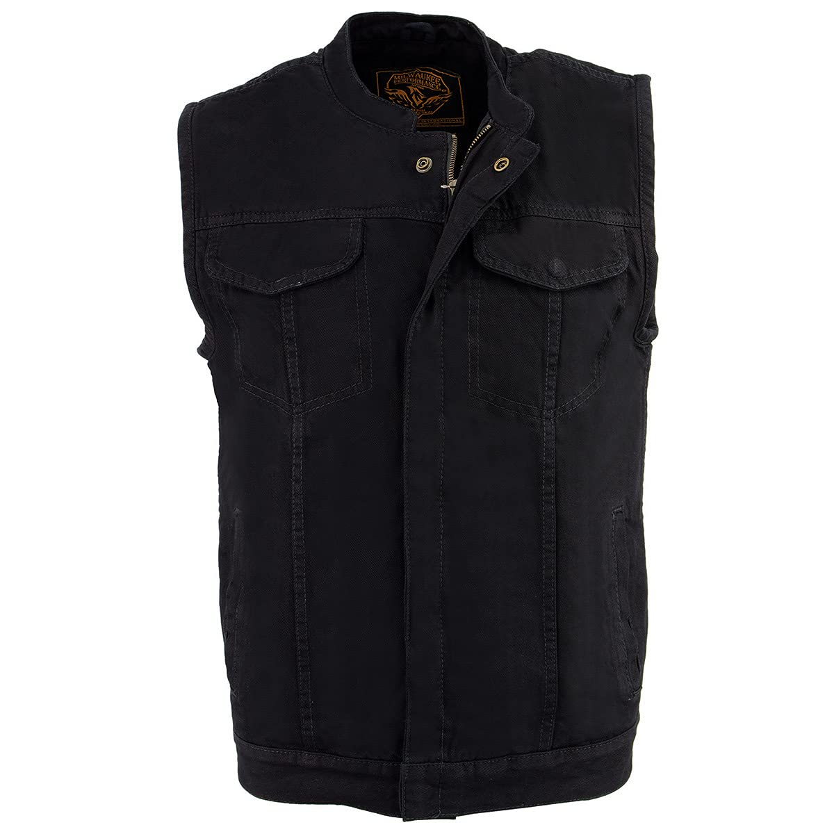 Milwaukee Leather MDM3000 Men's Brute Concealed Snap Black Denim Club Style Vest with Hidden Zipper - Perfect for Motorcycle Riding, Biker Events & Outdoor Adventures