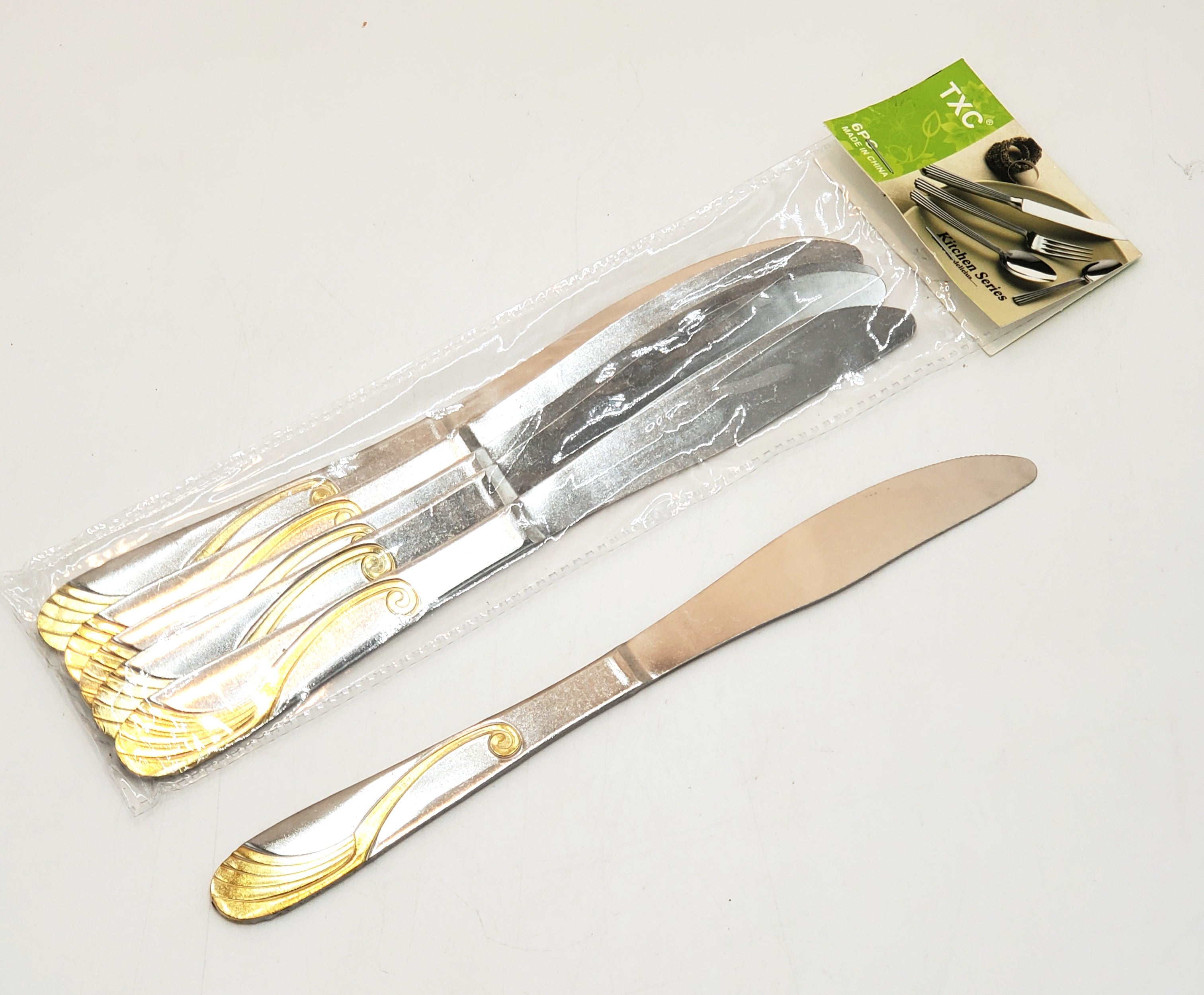 6-Piece Stainless Steel Dinner Knife Set - Elegant Silver & Gold Cutlery for Fine Dining, Wedding Gifts & Formal Table Settings