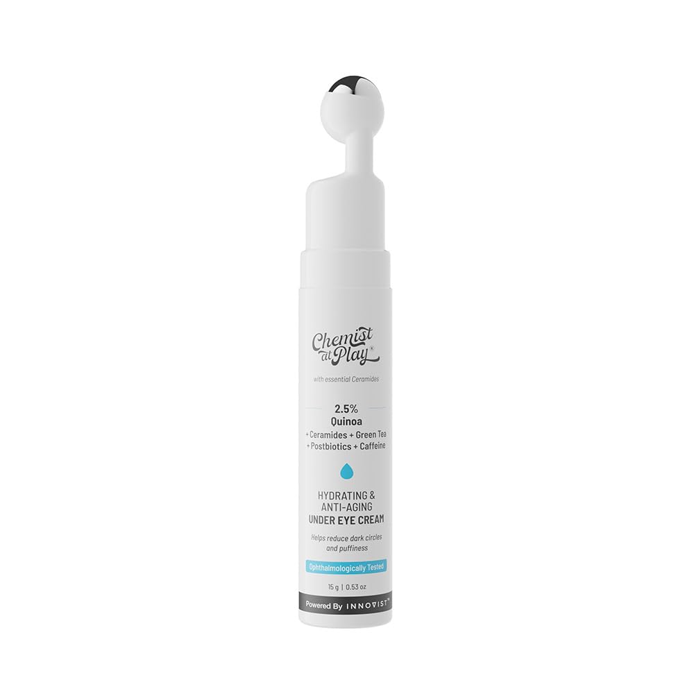 Chemist At Play Under Eye Cream with 2% Revital Eye & Quinoa Extract – Reduces Dark Circles, Puffiness, Wrinkles & Crow's Feet | Lightweight Hydrating Gel with Plant-Based Ceramides | 100% Vegan Cooling Eye Treatment with Roller Applicator | 15g | Perfect for Morning & Night Skincare Routine for Men & Women