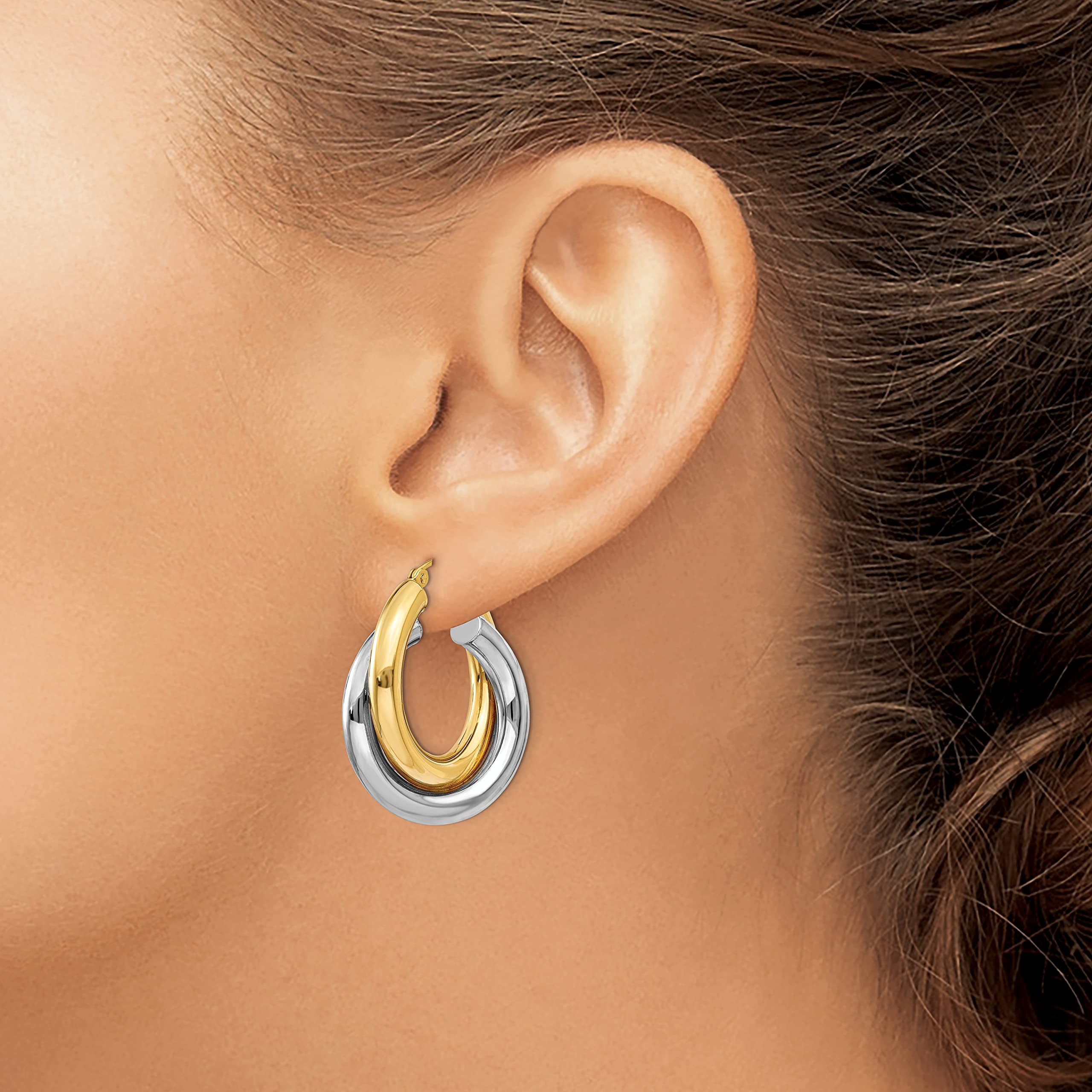 14K Solid Two-Tone Gold Double Tube Round Medium Hoop Earrings for Women - Elegant Everyday & Party Jewelry Gift
