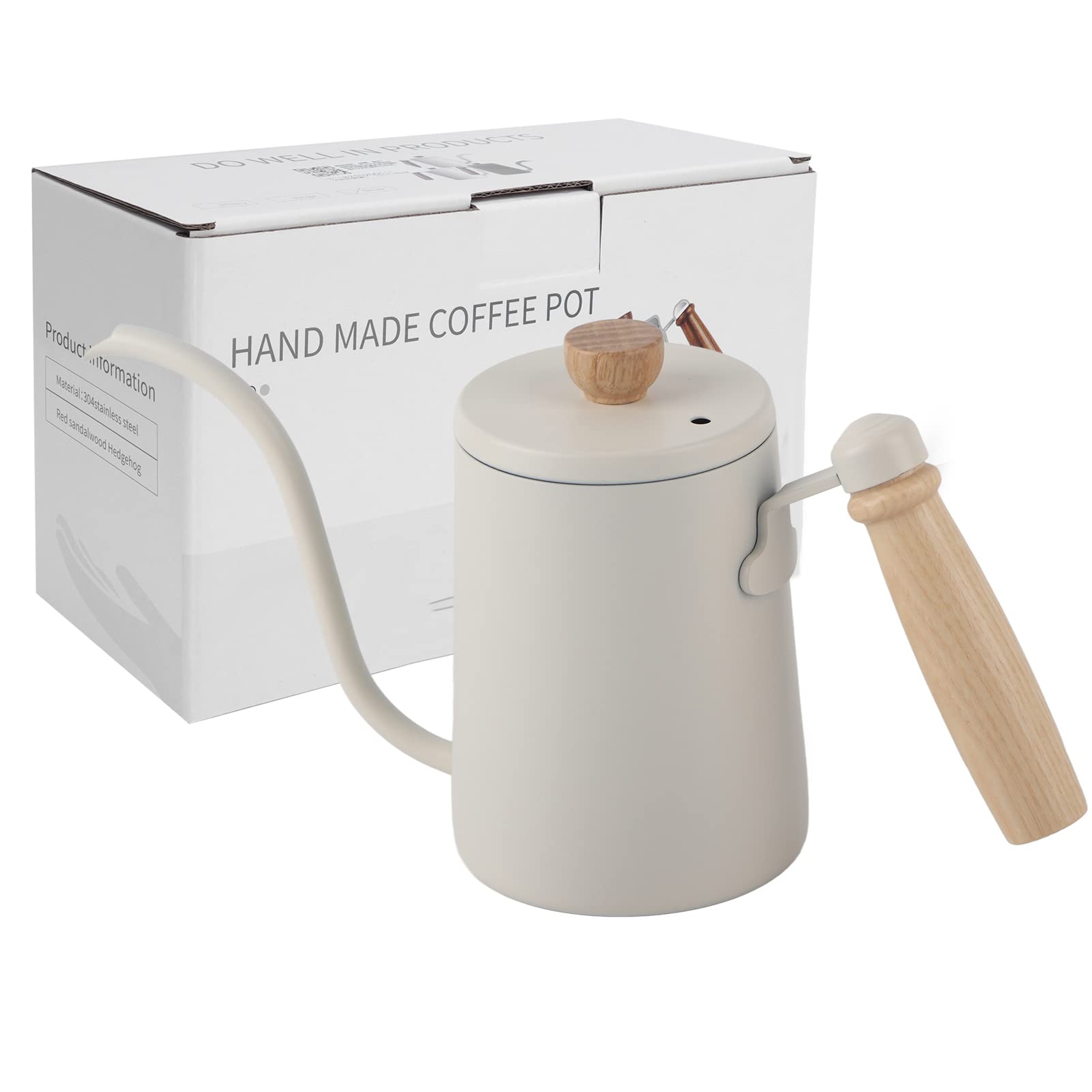 600ML Stainless Steel Coffee Hand Drip Pot with Wooden Handle - 304 Food Grade for Bar, Kitchen & Cafe Use - Perfect for Pour Over Coffee, French Press & Cold Brew (Beige)