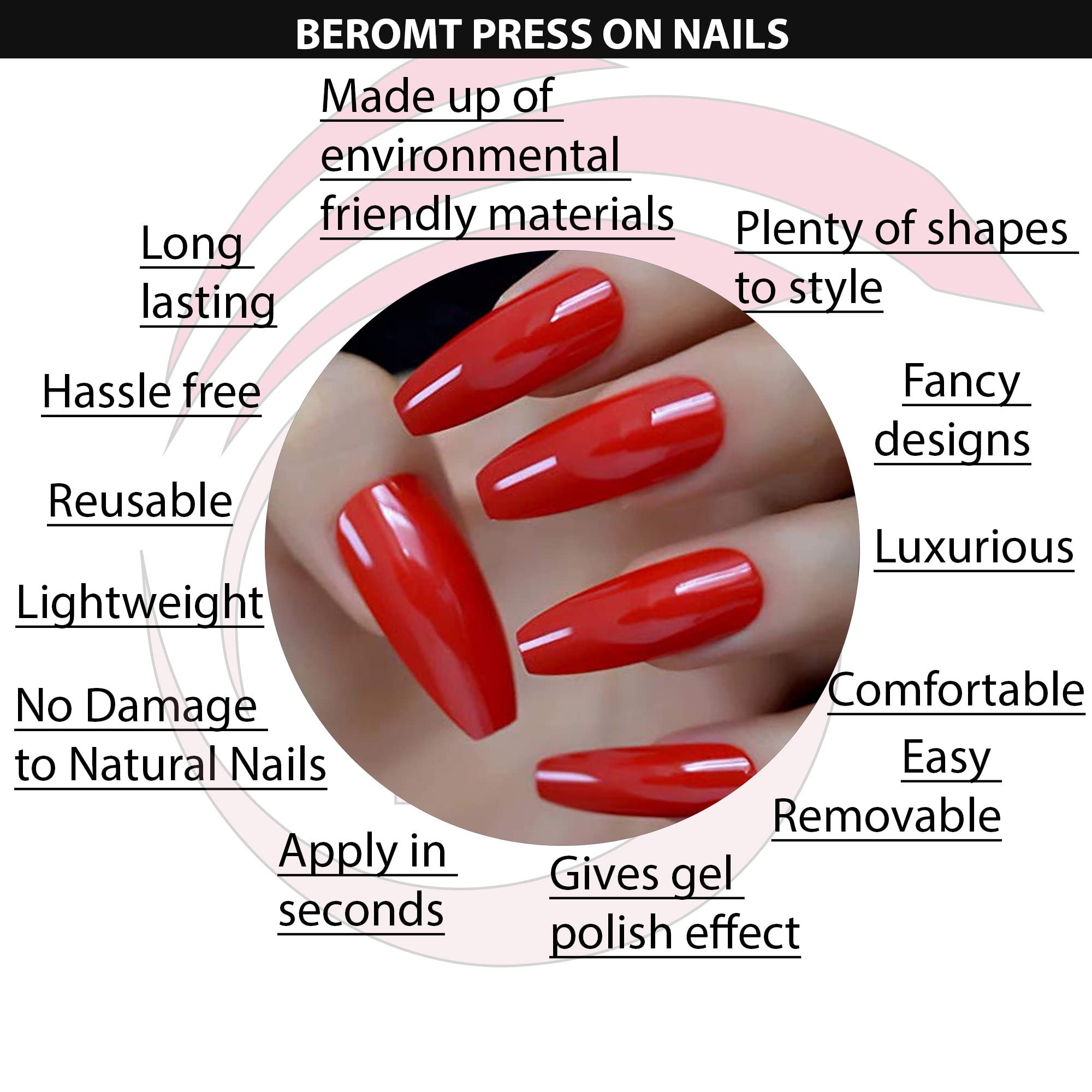 Beromt 12-Piece Matte Acrylic False Nails Set with Nail Glue & Nail Art Kit - Full Cover Fake Nails for Women, DIY Manicure at Home, Party & Special Occasions