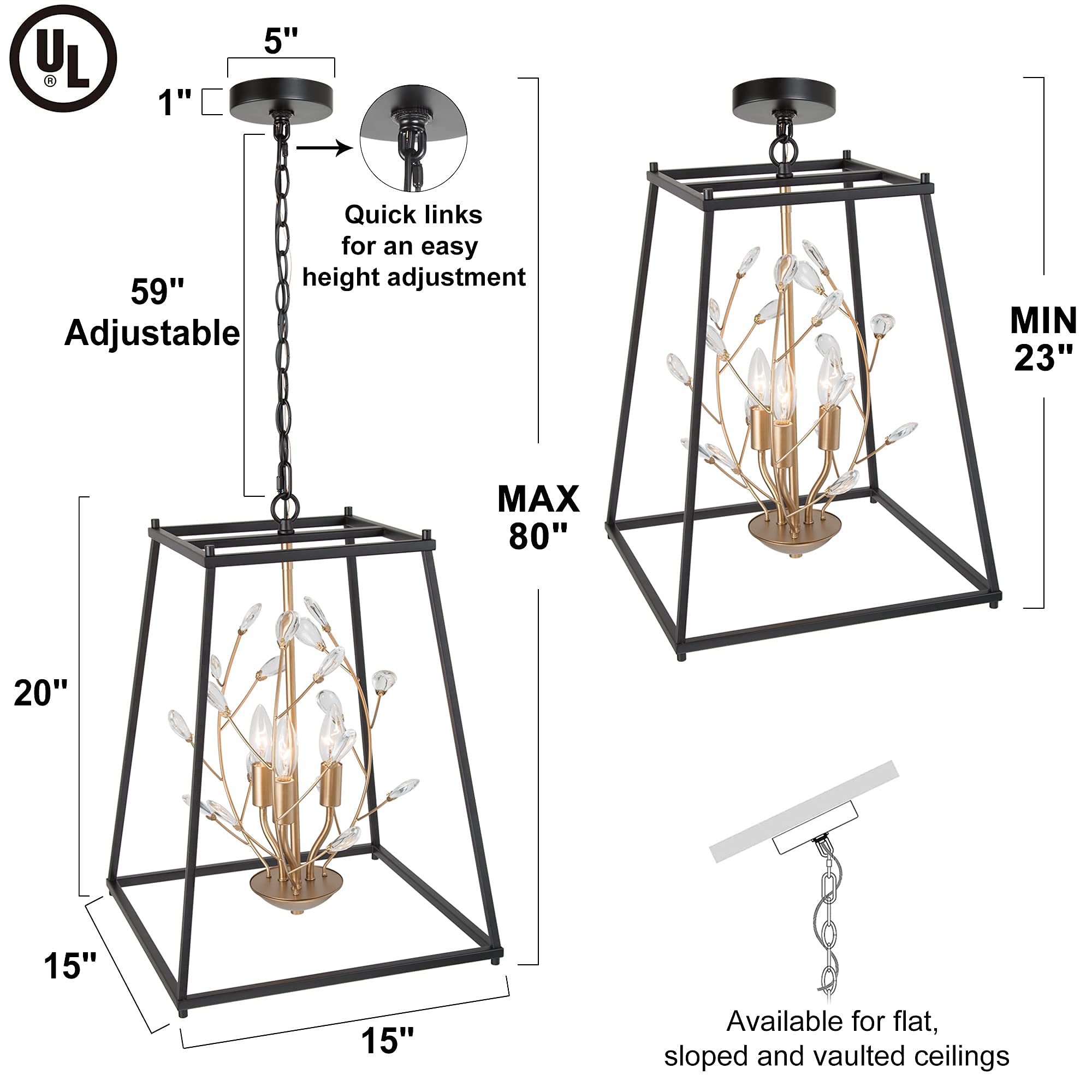 Modern Black & Gold Crystal Chandelier - Adjustable Farmhouse Pendant Light for Bedroom, Dining Room, Foyer, Kitchen Island (15