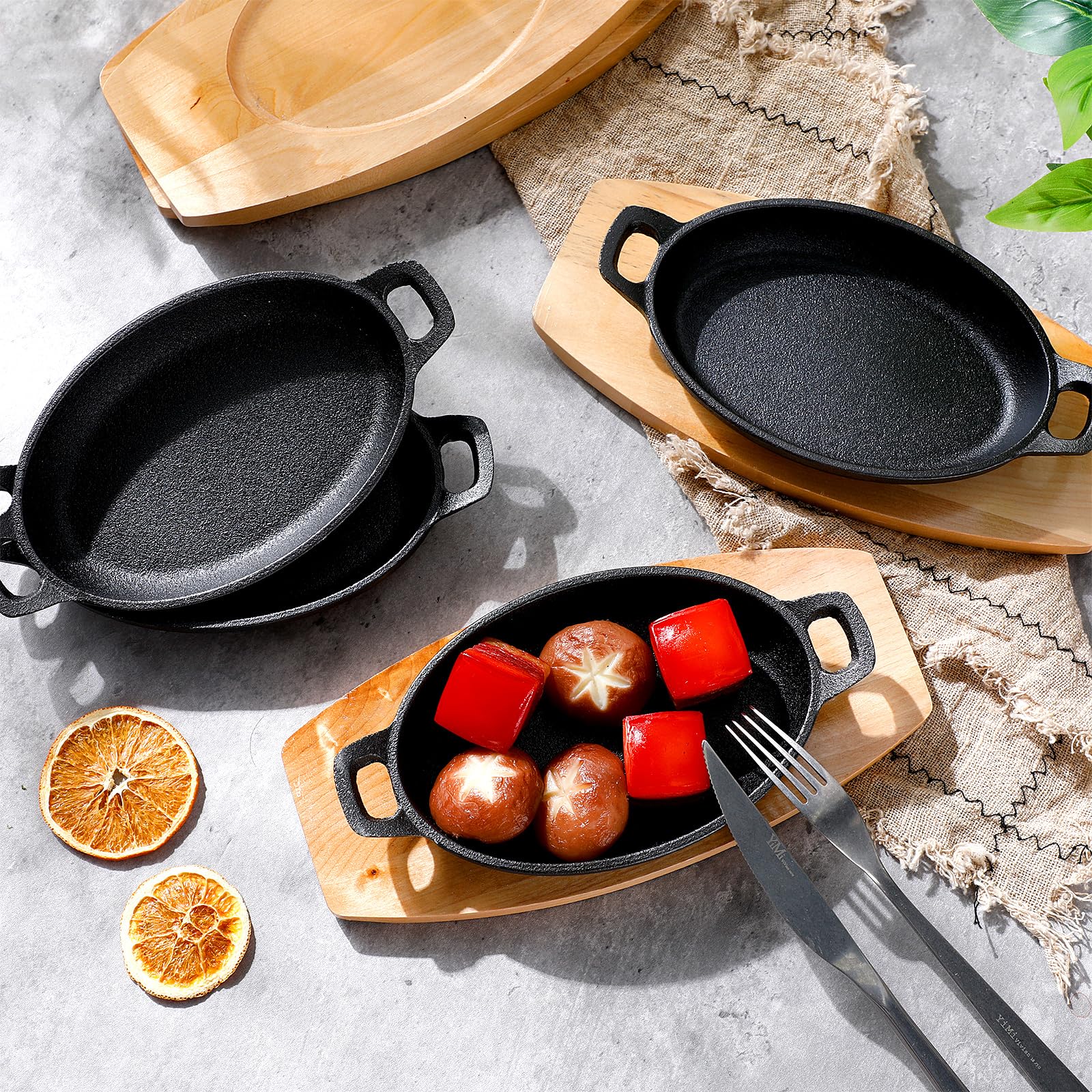 Mifoci 6-Piece Mini Cast Iron Skillet Set with Wooden Base - 8.7x4.7x1.6 Inch Oval Fajita Plates for Baking, Roasting, Grilling & Serving - Perfect for Appetizers, Tapas, Nachos & Sizzling Dishes at Home or Restaurants
