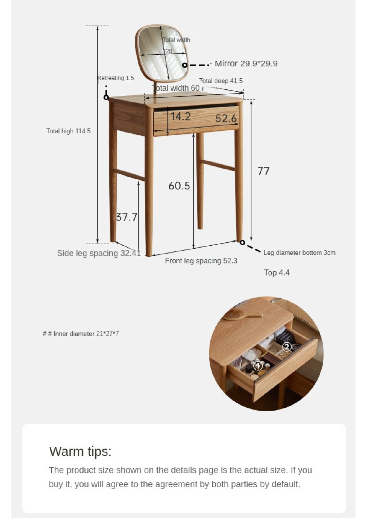 Solid Oak Wood Dressing Table with Mirror - Elegant Vanity Desk for Bedroom, Makeup & Beauty Organizer - Perfect for Home Decor & Small Spaces