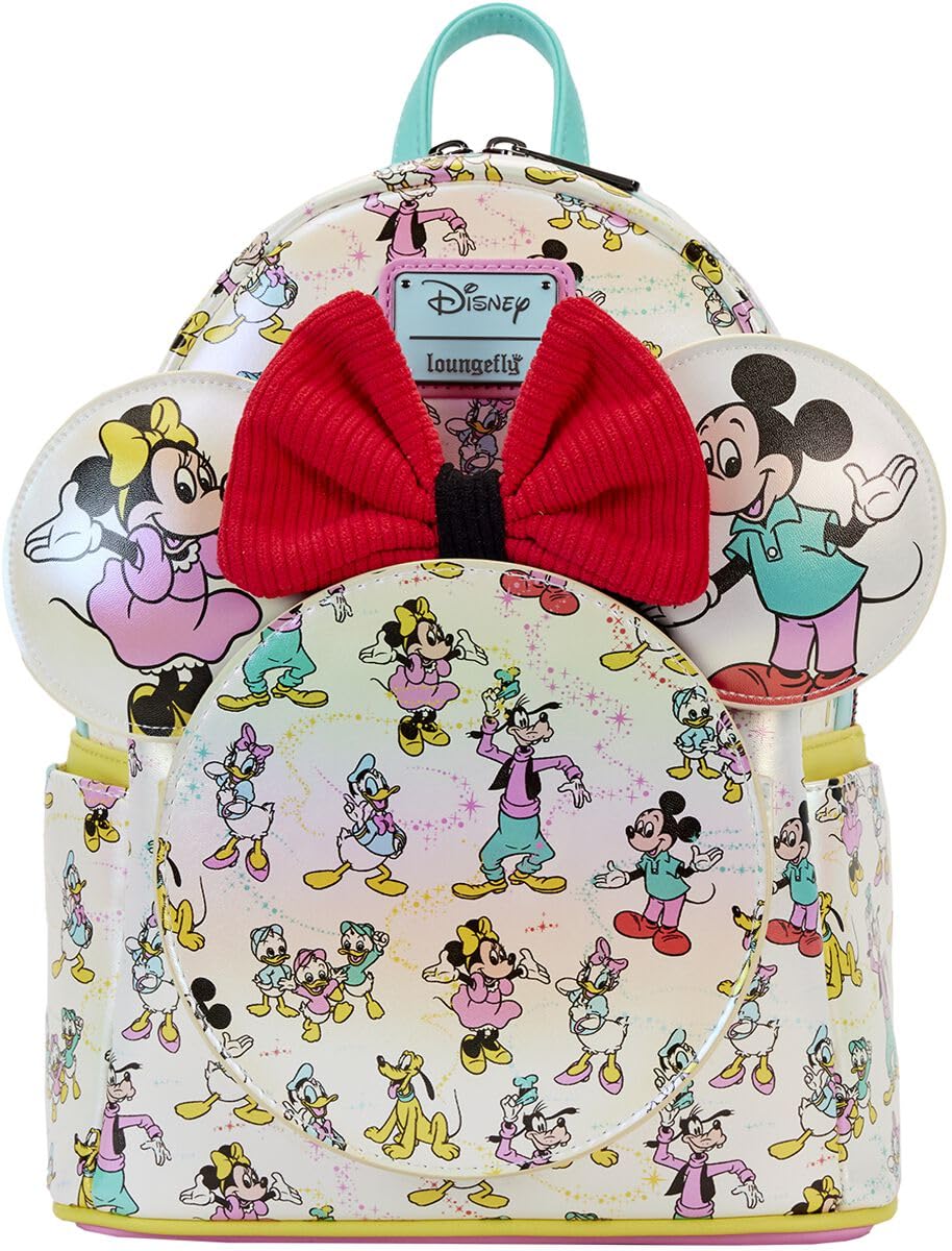 Disney 100 Mickey & Minnie Mouse Loungefly Mini Backpack with Ear Support - Cute Disney Character AOP Design for Women & Girls - Perfect for Theme Parks, Travel, and Everyday Use