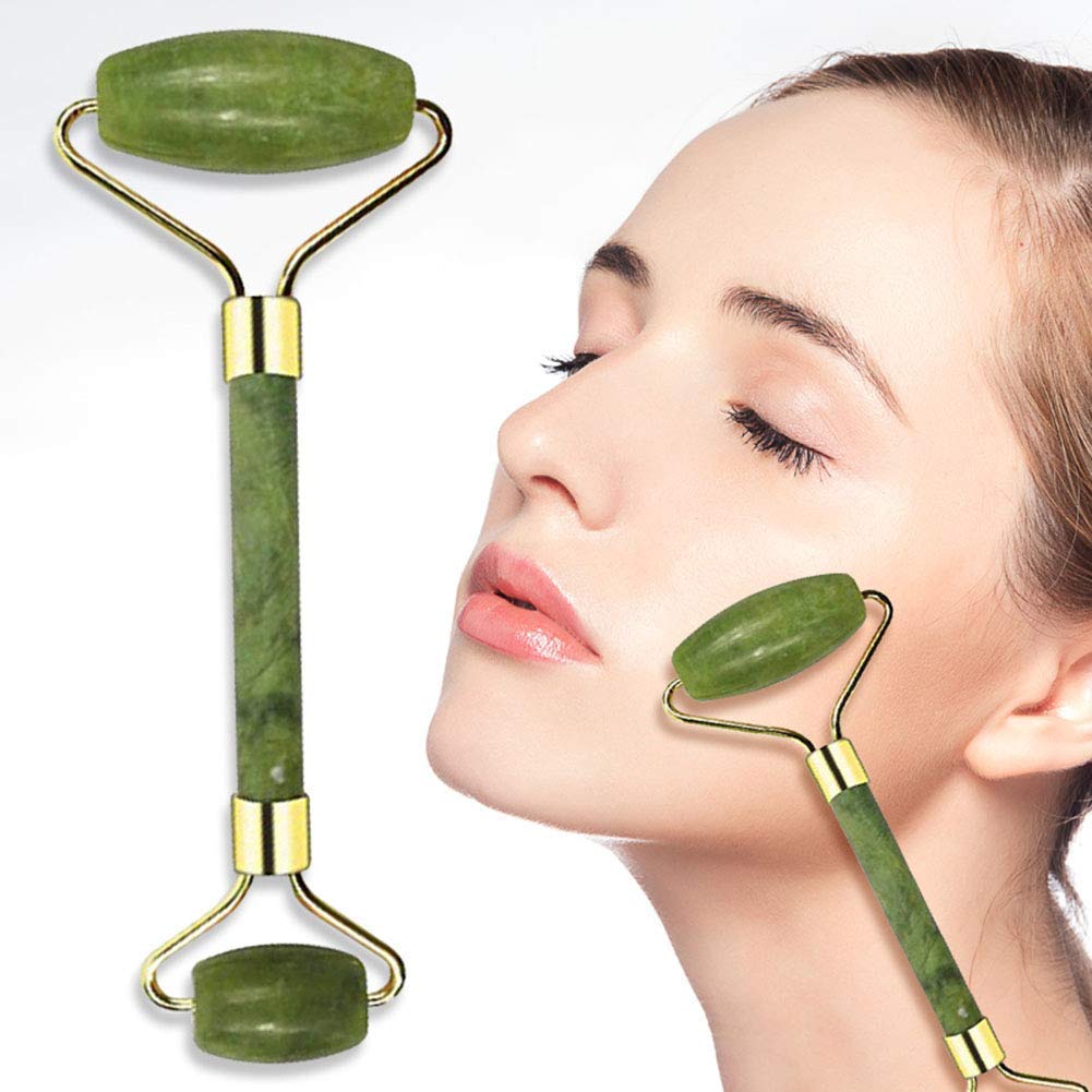 Rose Quartz Face Roller & Gua Sha Set - Anti-Aging Facial Massage Tool for Puffiness & Dark Circles, Natural Jade Roller for Women & Men - Perfect for Skincare Routine & Relaxation at Home or Travel (Green, 1 Pack)