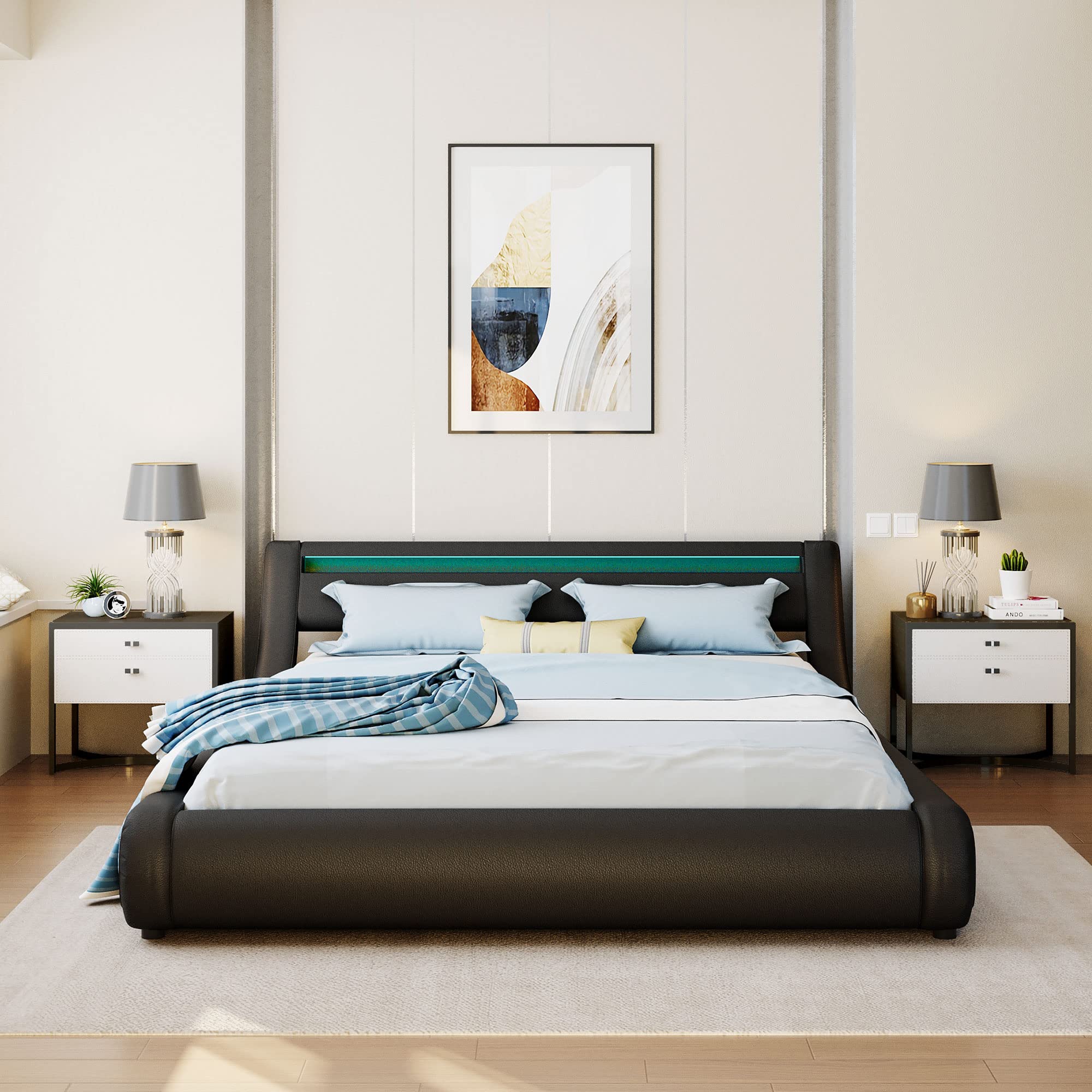 Merax Queen Size Upholstered Platform Bed with Hydraulic Storage & LED Headboard - Modern Leather Bed Frame with Slatted Support for Master Bedroom, Guest Room or Apartment