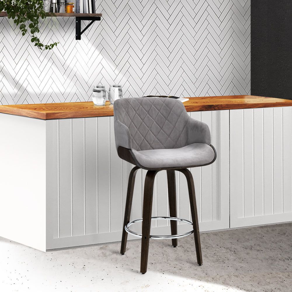 Swivel Bar Stool with Velvet Padded Seat and Wooden Base - Perfect for Kitchen Islands, Home Bars, and Dining Counter Height Tables