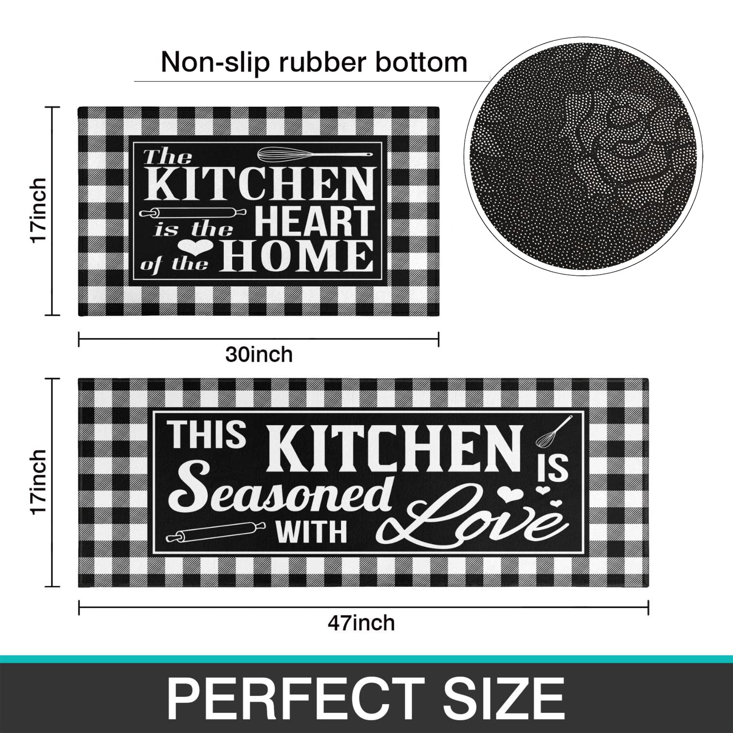 Black and White Buffalo Plaid Check Farmhouse Kitchen Rugs - Non-Slip Washable 2-Piece Set - Perfect for Country Style Kitchens, Entryways, and Laundry Rooms
