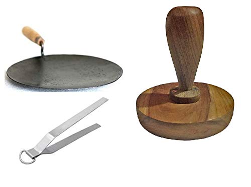 12 Inch Iron Tawa Roti Maker - Heavy Duty Chapati Griddle with Wooden Handle & Stainless Steel Tong - Traditional Indian Flatbread Cookware for Home & Restaurant Use