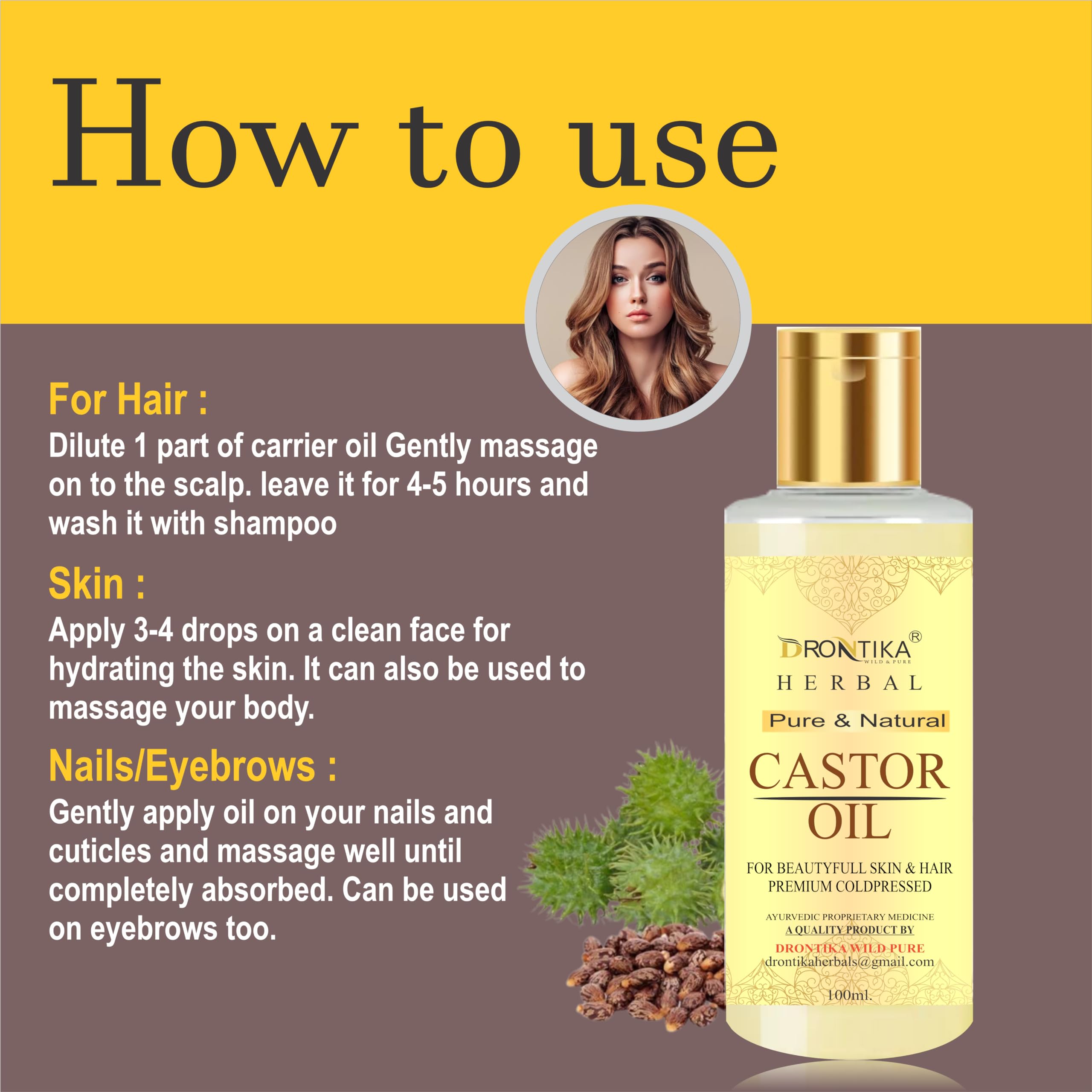 Drontika 100% Pure Cold Pressed Castor Oil for Hair Growth, Skin & Nail Care - 100ml Natural Treatment for Eyelashes, Eyebrows & Scalp - Perfect for DIY Beauty & Hair Regimen