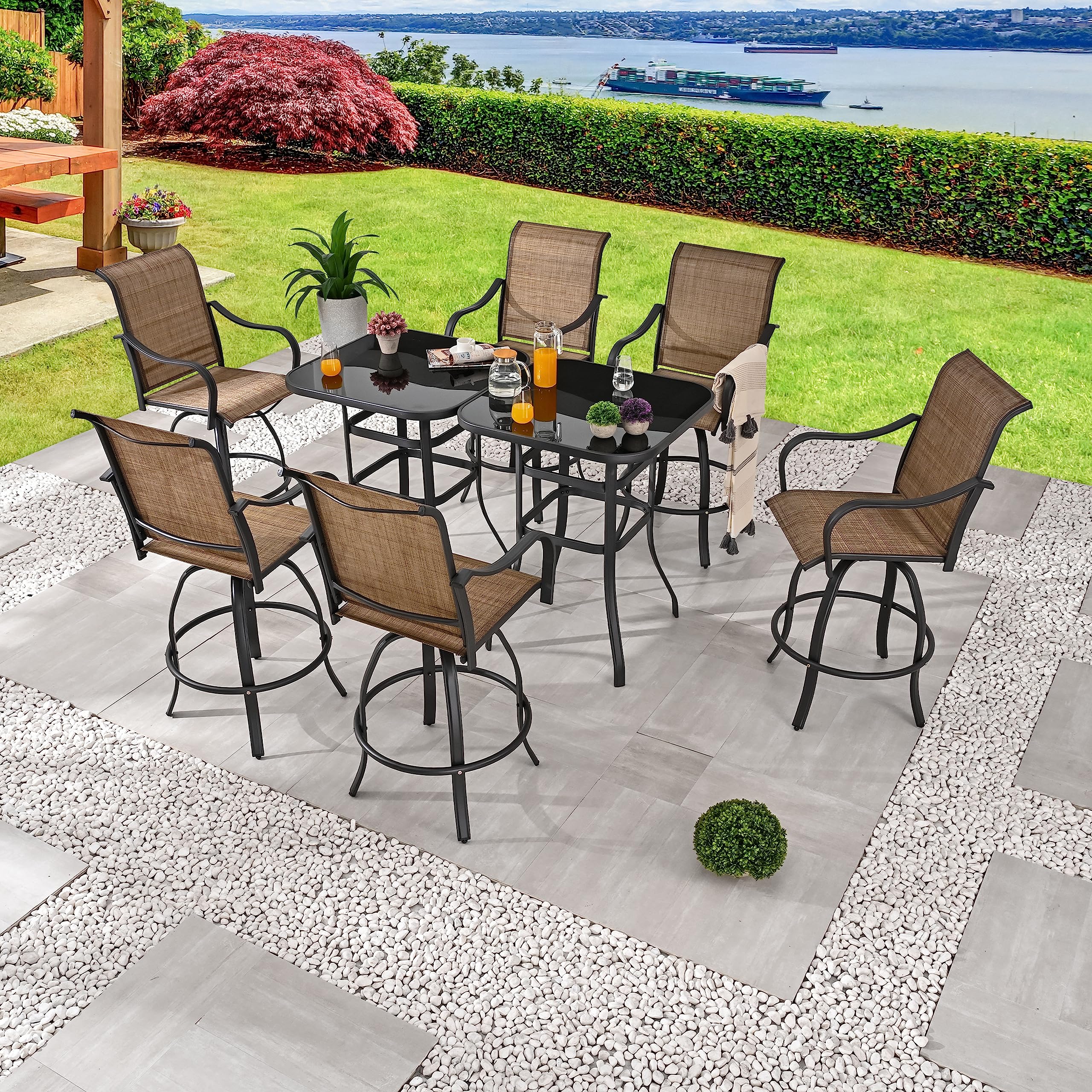 8-Piece Outdoor Patio Swivel Bar Stool Set with 2 Glass Top Tables - All-Weather Bistro Height Dining Chairs (Brown) - Perfect for Backyard, Poolside & Garden Entertaining