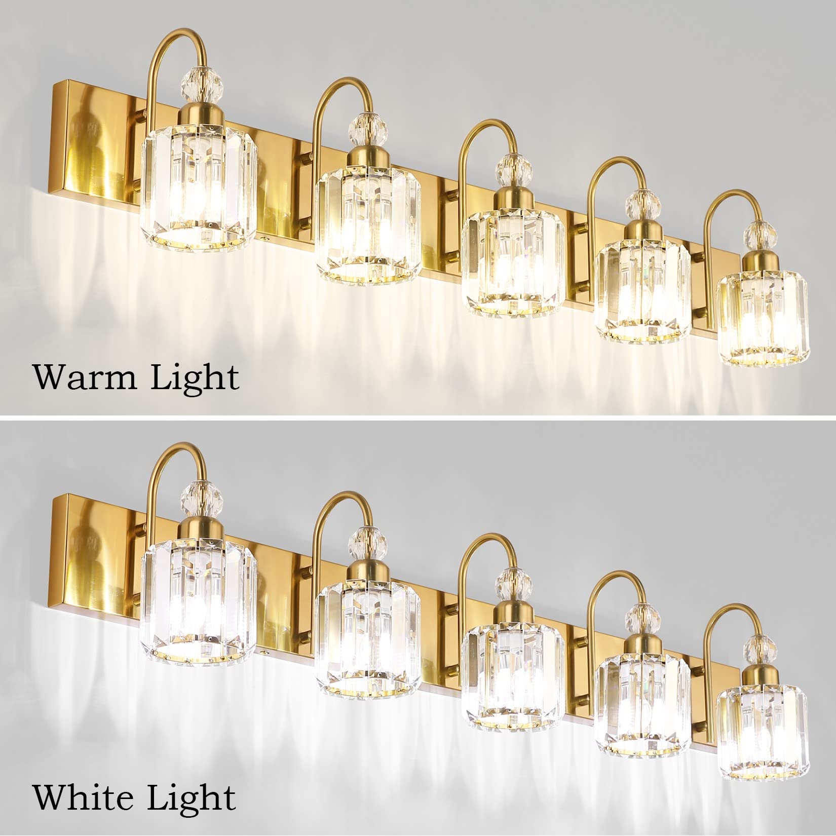 Ralbay 5-Light Crystal Bathroom Vanity Light Fixture - Gold Brass Modern Wall Sconce with Clear Crystals for Mirror Lighting - Perfect for Master Bath, Powder Room & Spa Decor