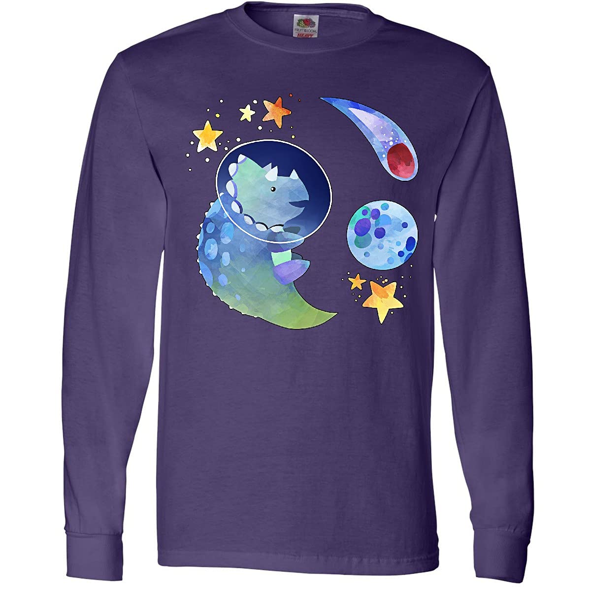 Inktastic Triceratops in Space with Planets and Stars - Dinosaur Graphic Long Sleeve T-Shirt for Men & Women - Soft Cotton Tee for Casual Wear, Cosplay, and Science Fiction Fans