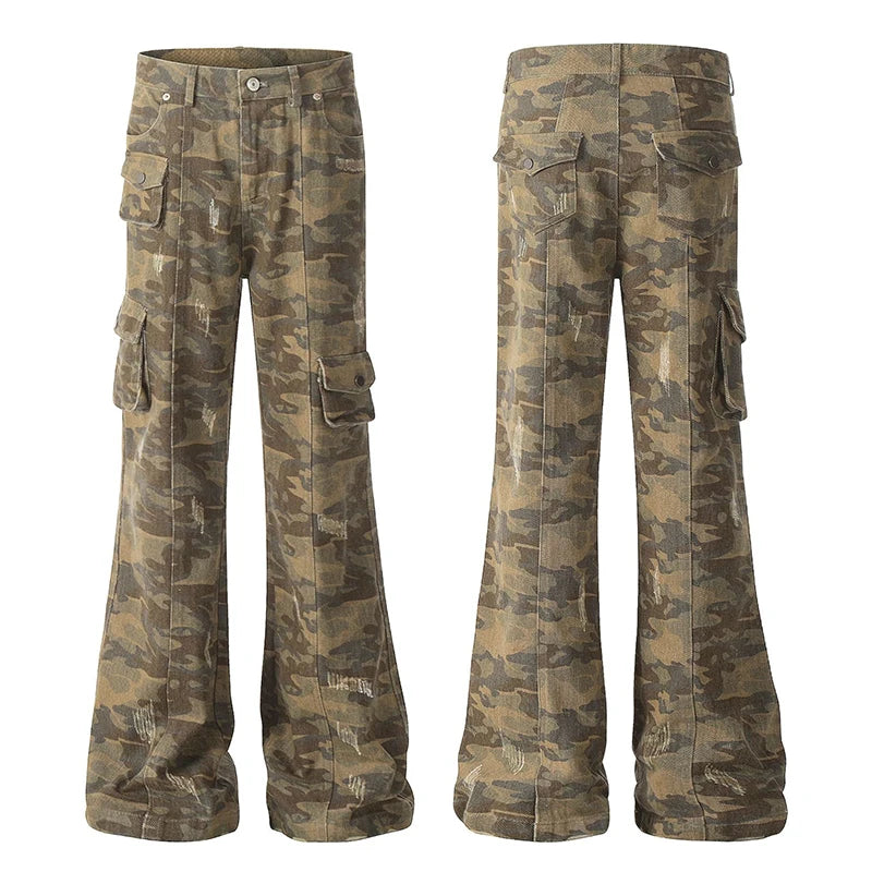 2025 Trendy Men's Camouflage Denim Cargo Pants - Multi-Pocket Wide Leg Distressed Jeans for Casual Wear | Outdoor Adventure & Street Style Fashion