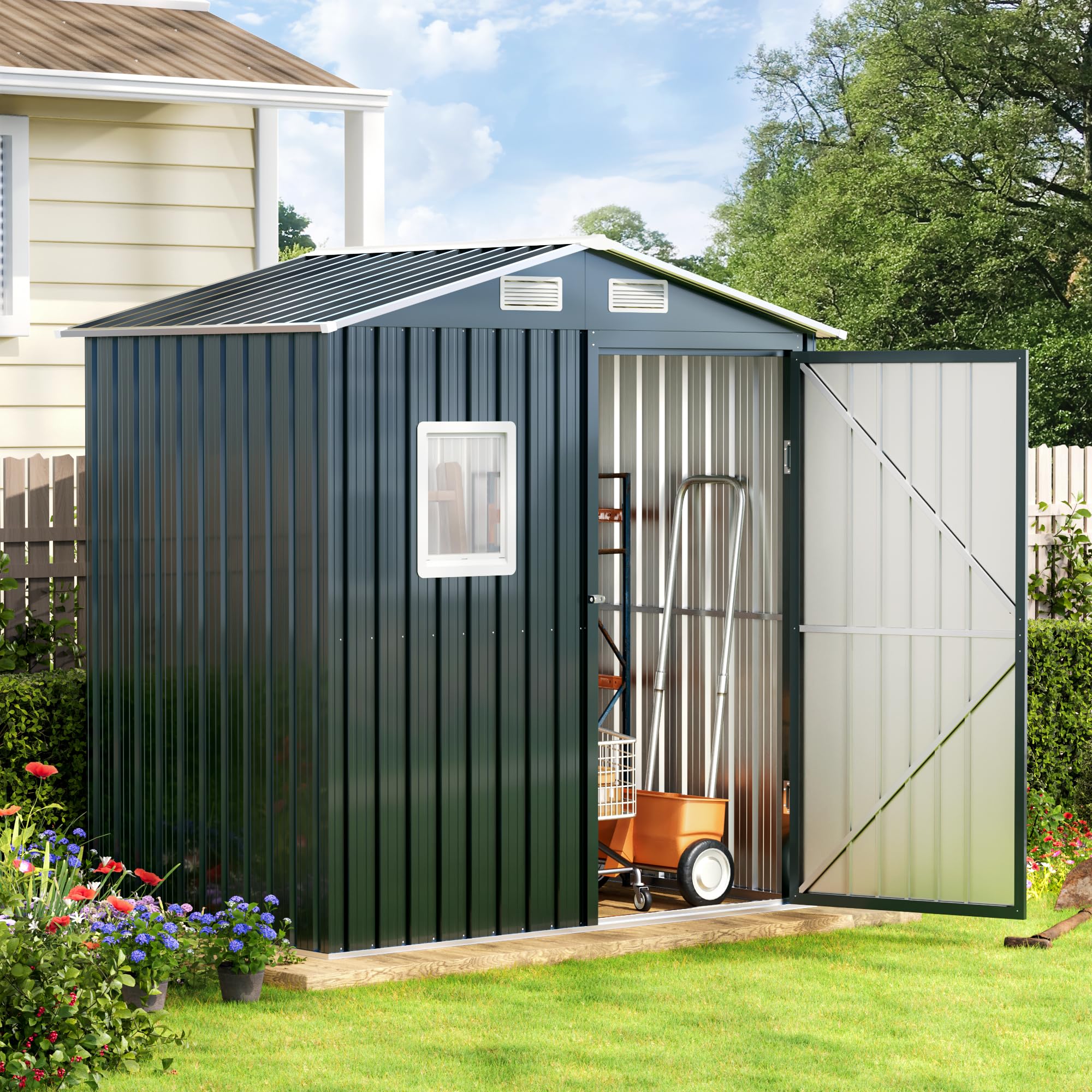 6x4FT Outdoor Steel Storage Shed with Clear Window & Lockable Doors - Weather-Resistant Metal Tool Shed for Garden, Backyard, Patio & Utility Storage - Perfect for Storing Lawn Mowers, Bikes & Outdoor Equipment