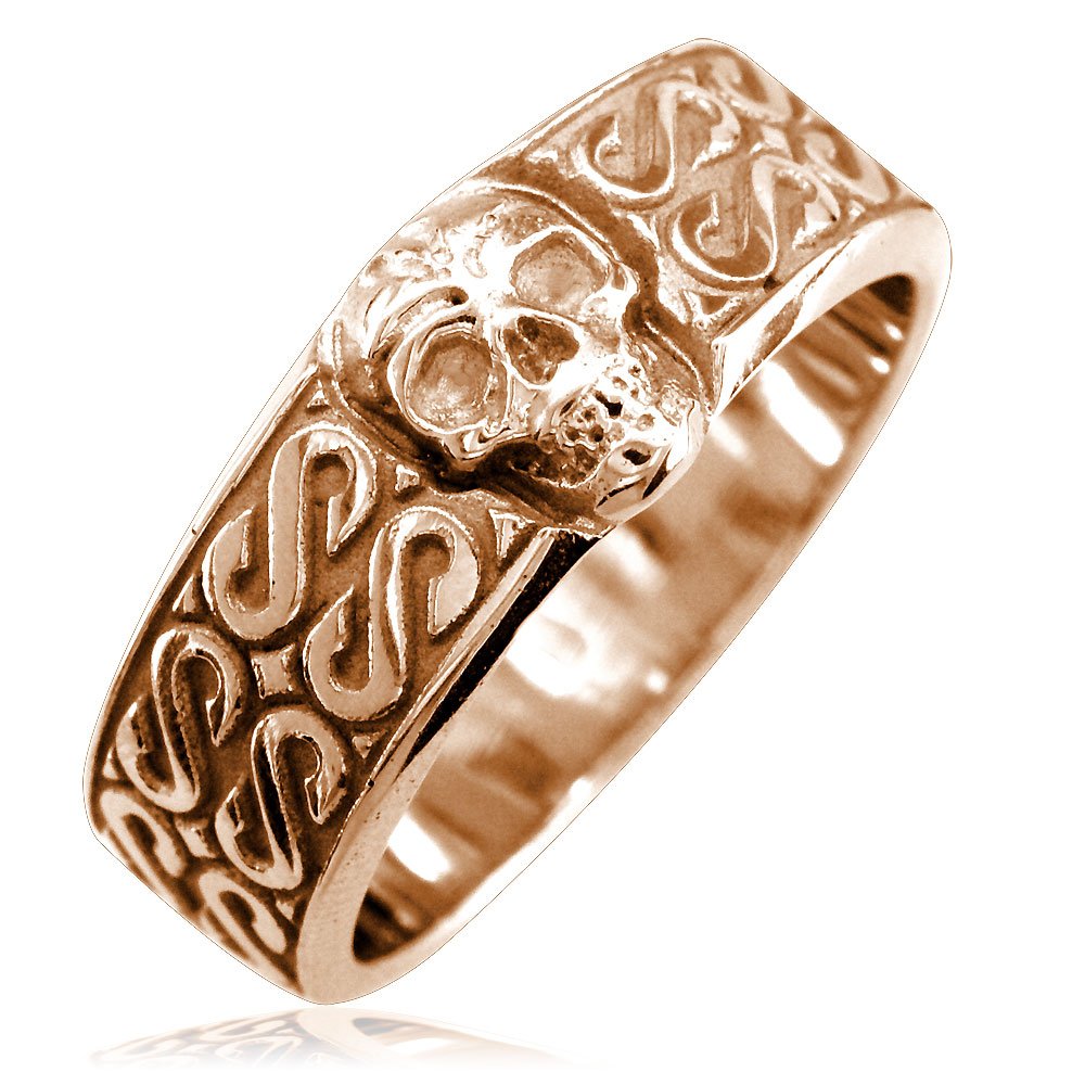 14K Pink Gold Men's Skull Wedding Band - Plain Bottom Design for Gothic & Alternative Style Weddings & Everyday Wear