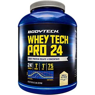 BodyTech Whey Tech Pro 24 Protein Powder - Premium Protein Enzyme Blend with BCAA's for Muscle Growth & Recovery | Vanilla Ice Cream Flavor | 5lb Bulk Size | Ideal for Post-Workout, Bodybuilding & Fitness Enthusiasts | Perfect for Gym, Home Workouts & Active Lifestyles