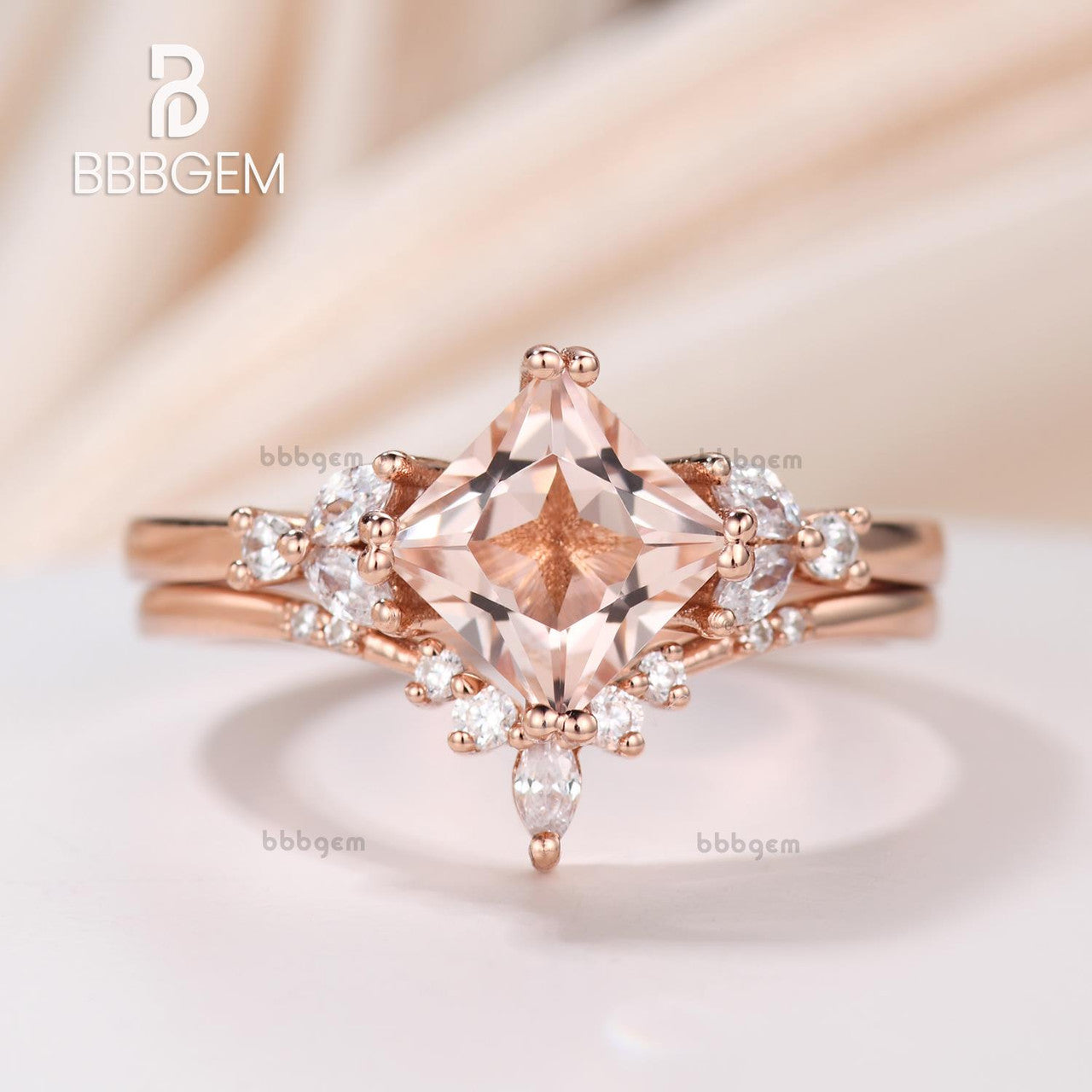 14K Rose Gold Princess Cut Peach Morganite Anniversary Ring Set - Elegant Gift for Her, Perfect for Weddings, Engagements & Special Occasions