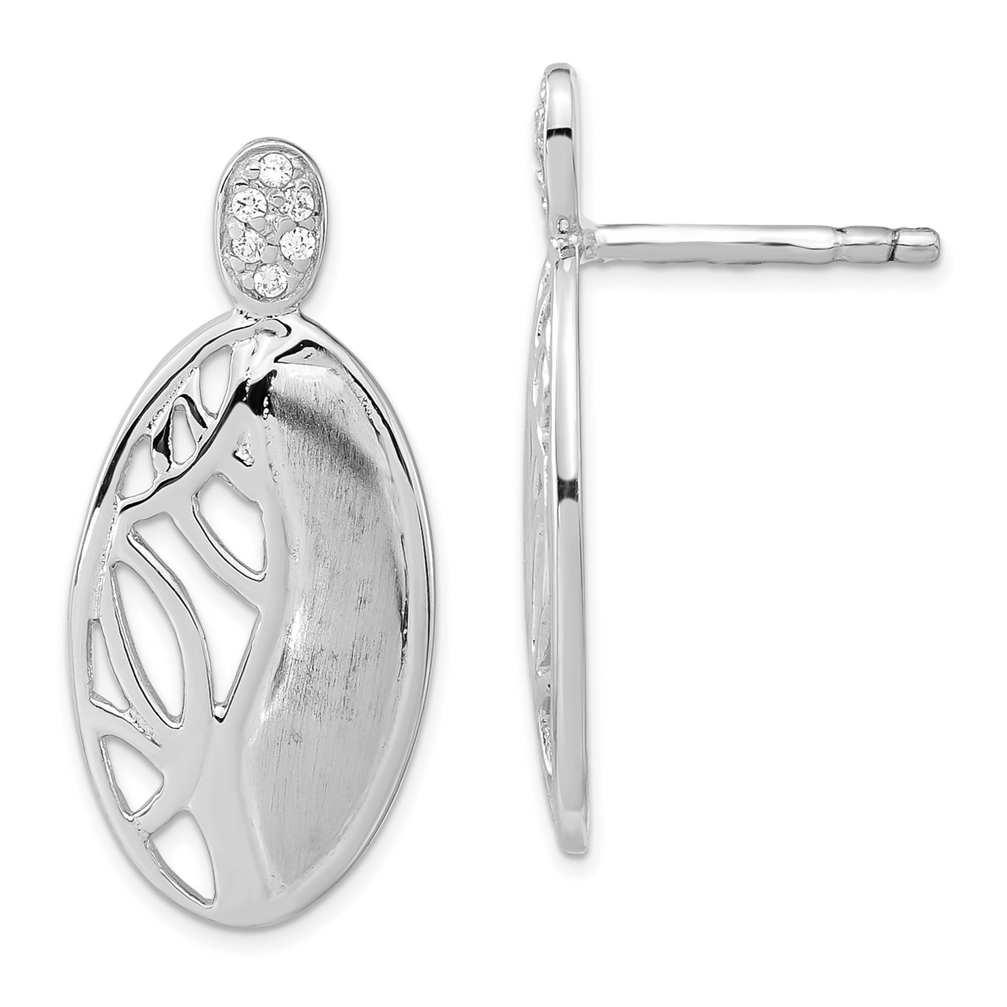 Sterling Silver CZ Oval Post Earrings for Women - 21.2x9.7mm Polished & Satin Finish - Elegant Everyday Jewelry for Work, Party & Gift Giving