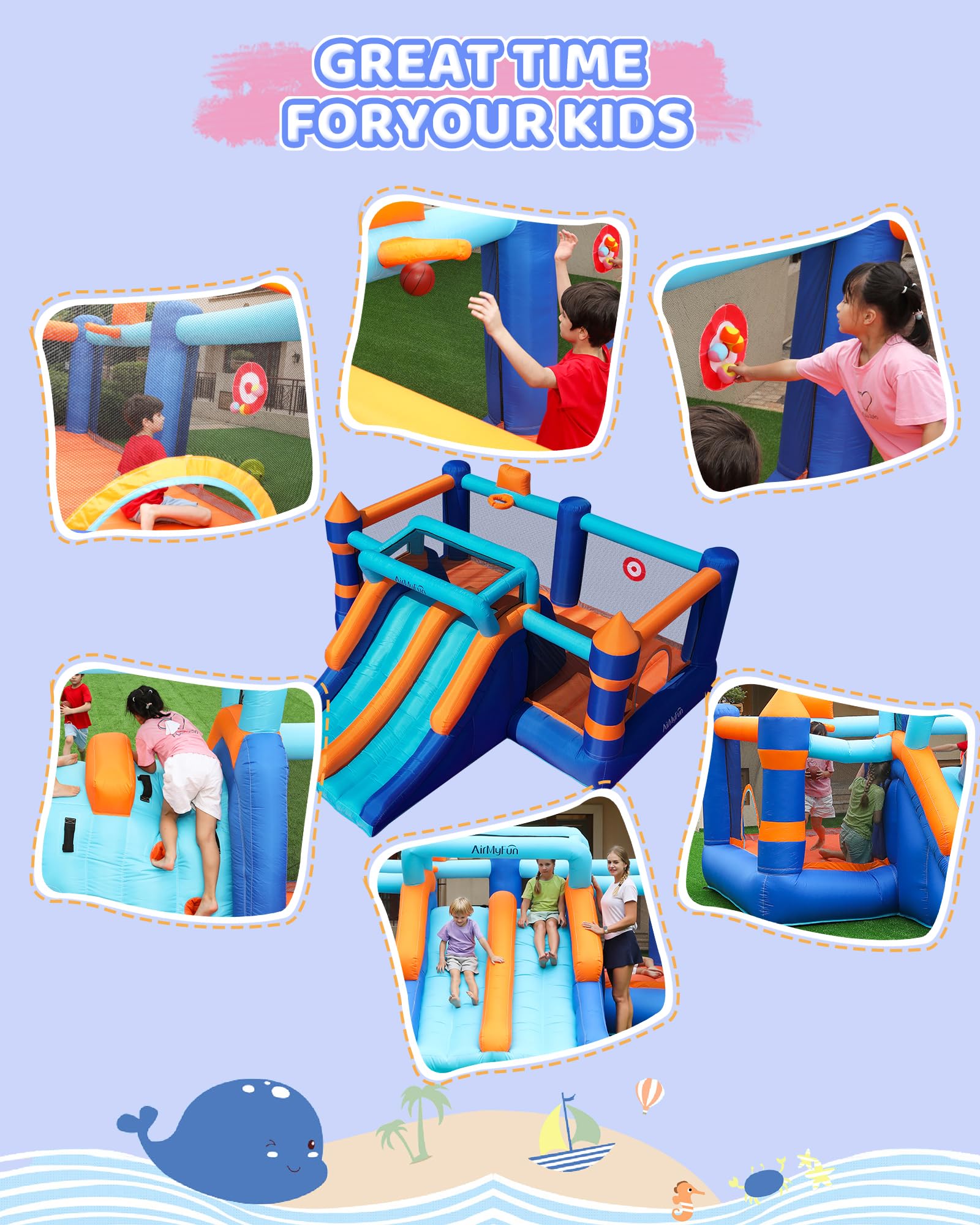 **AirMyFun Inflatable Bounce House with Double Slide & Basketball Hoop - Kids Indoor/Outdoor Jumping Castle for Backyard Parties, Birthday Events & Playtime Fun**