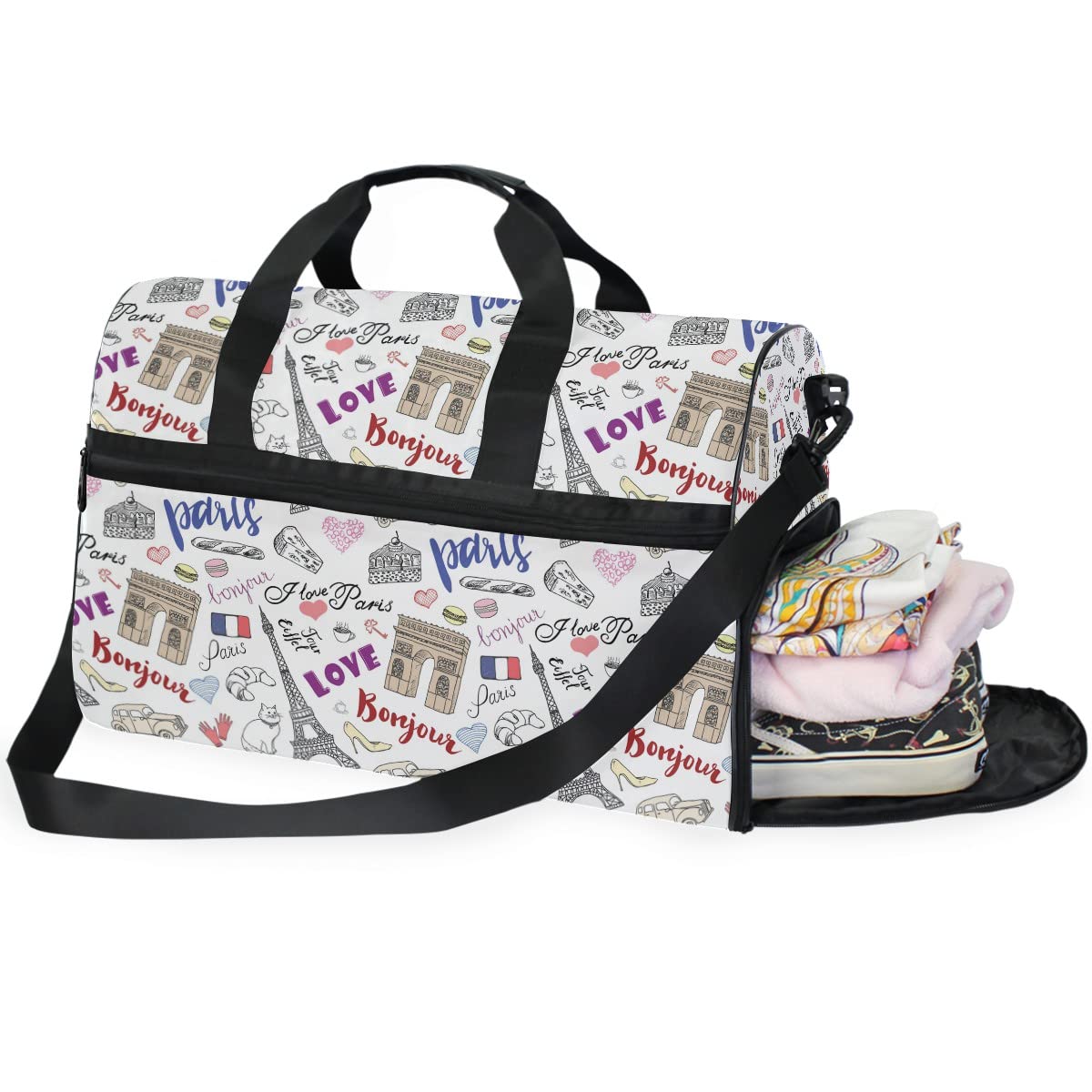 Paris Themed Travel Duffel Bag - Eiffel Tower & Triumph Arch Design, Adjustable Strap for Men & Women | Perfect for Weekend Getaways, Gym, Sports & Overnight Travel
