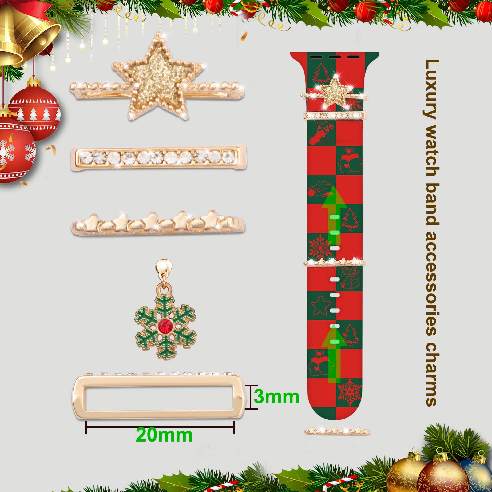Festive Christmas Watch Bands with Decorative Charms & Ring Loops for Apple Watch 38mm-49mm (All Series) - Holiday Replacement Straps for Women - Perfect for Gifts, Parties & Seasonal Style