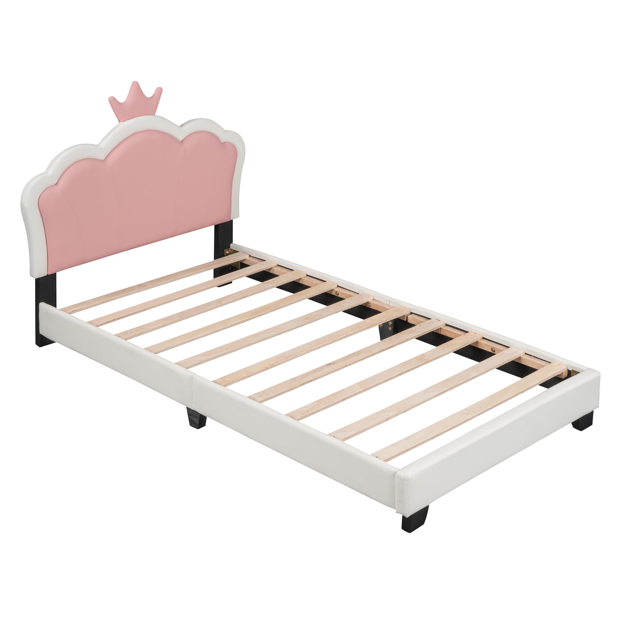 Twin Size Upholstered Princess Bed with Crown Headboard - Pink Bed Frame for Girls | Elegant Kids Room Furniture for Princess-Themed Bedrooms & Sleepovers