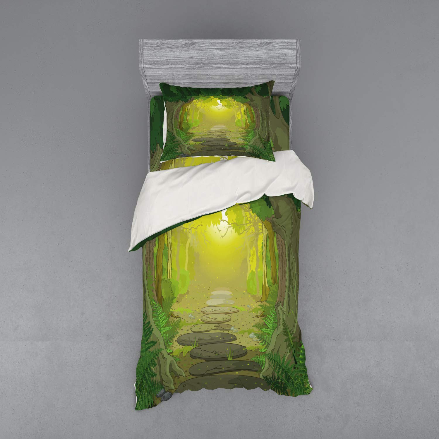 Ambesonne Forest Duvet Cover Set - Pathway with Trees and Ferns Design, 3-Piece Twin Size Bedding Set with Pillow Sham & Fitted Sheet in Fern Green & Yellow | Nature-Themed Bedroom Decor for Cozy Cabin Retreats