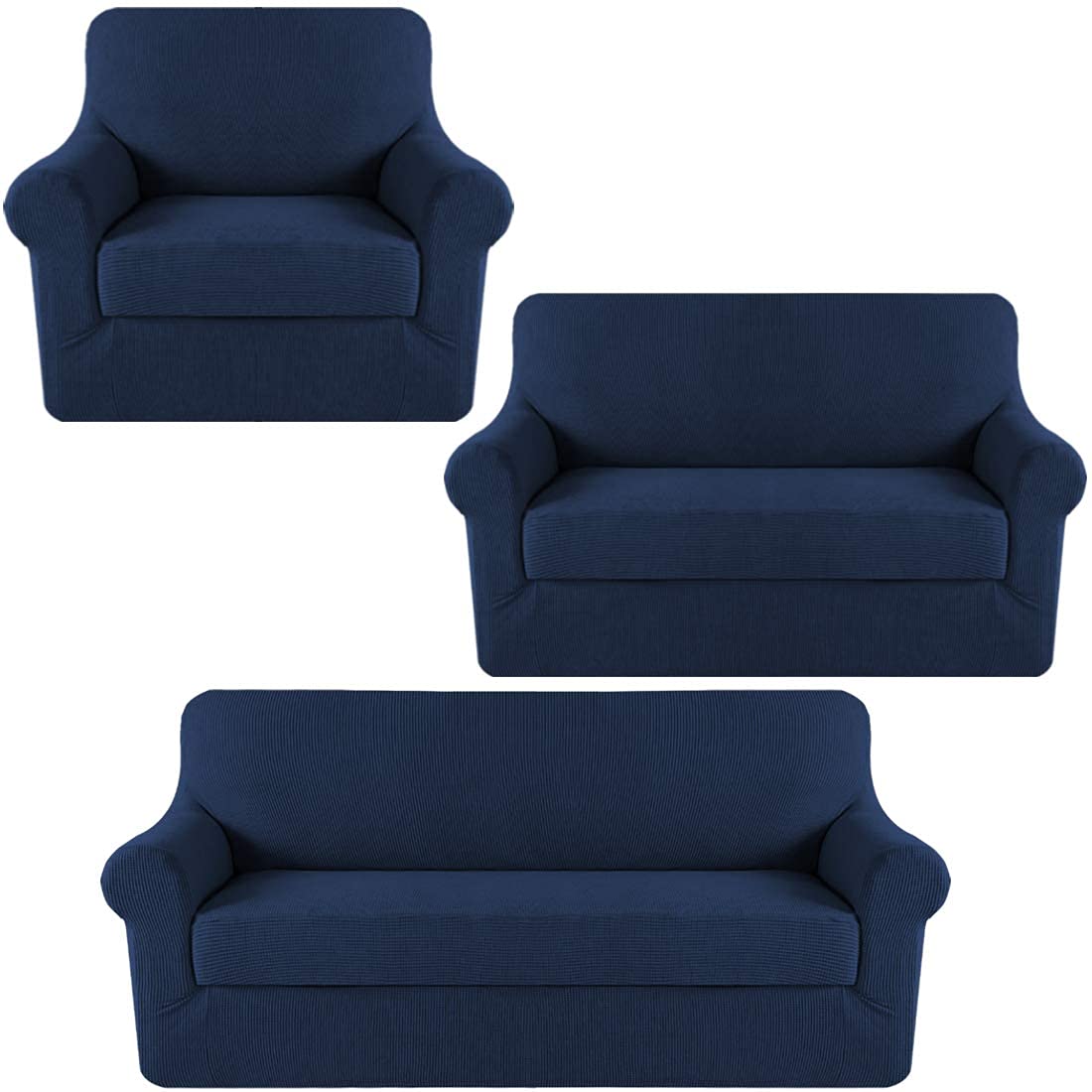 H.VERSAILTEX Stretch Sofa Covers for 3 Cushion Couch - 2 Piece Loveseat Slipcover Set with Spandex Fabric (Navy Blue) - Perfect for Living Room, Apartment & Pet-Friendly Furniture Protection