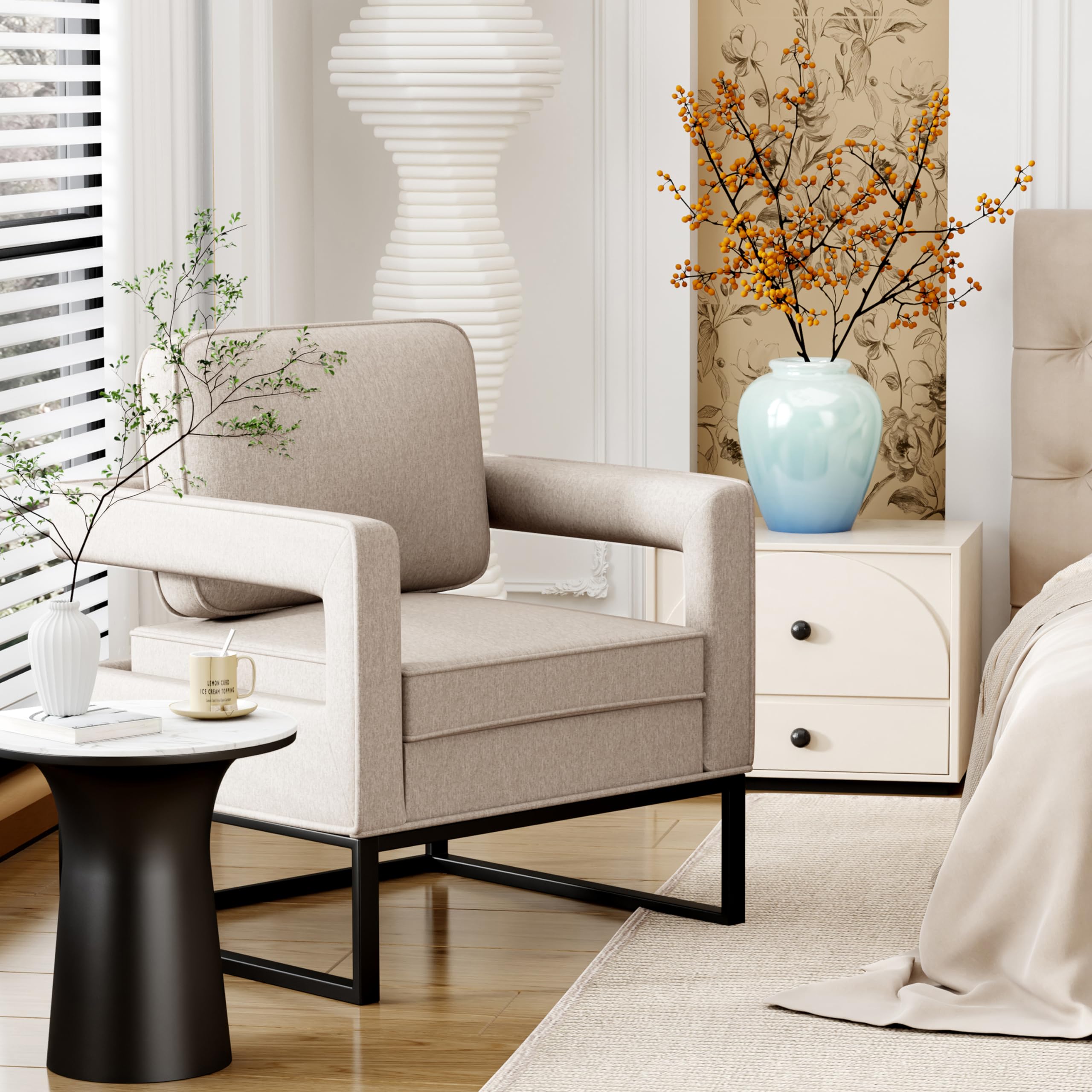 Modern Accent Chair Mid Century Armchair with Removable Cushion - Upholstered Lounge Chair for Living Room, Bedroom & Reception - Beige - Perfect for Relaxing, Reading or Adding Stylish Seating to Any Space