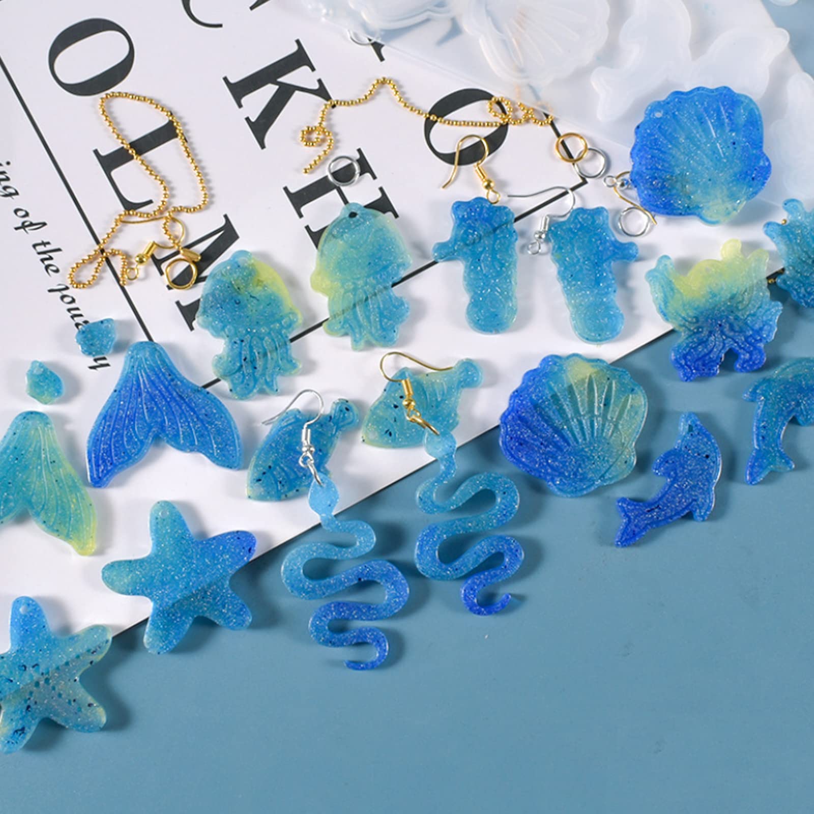 Ocean Series Resin Jewelry Molds - Silicone Jellyfish, Seahorse, Starfish, Scallop, Octopus & Mermaid Tail DIY Craft Molds for Earrings, Necklaces & Keychains - Perfect for Beach-Themed Jewelry Making & DIY Gifts