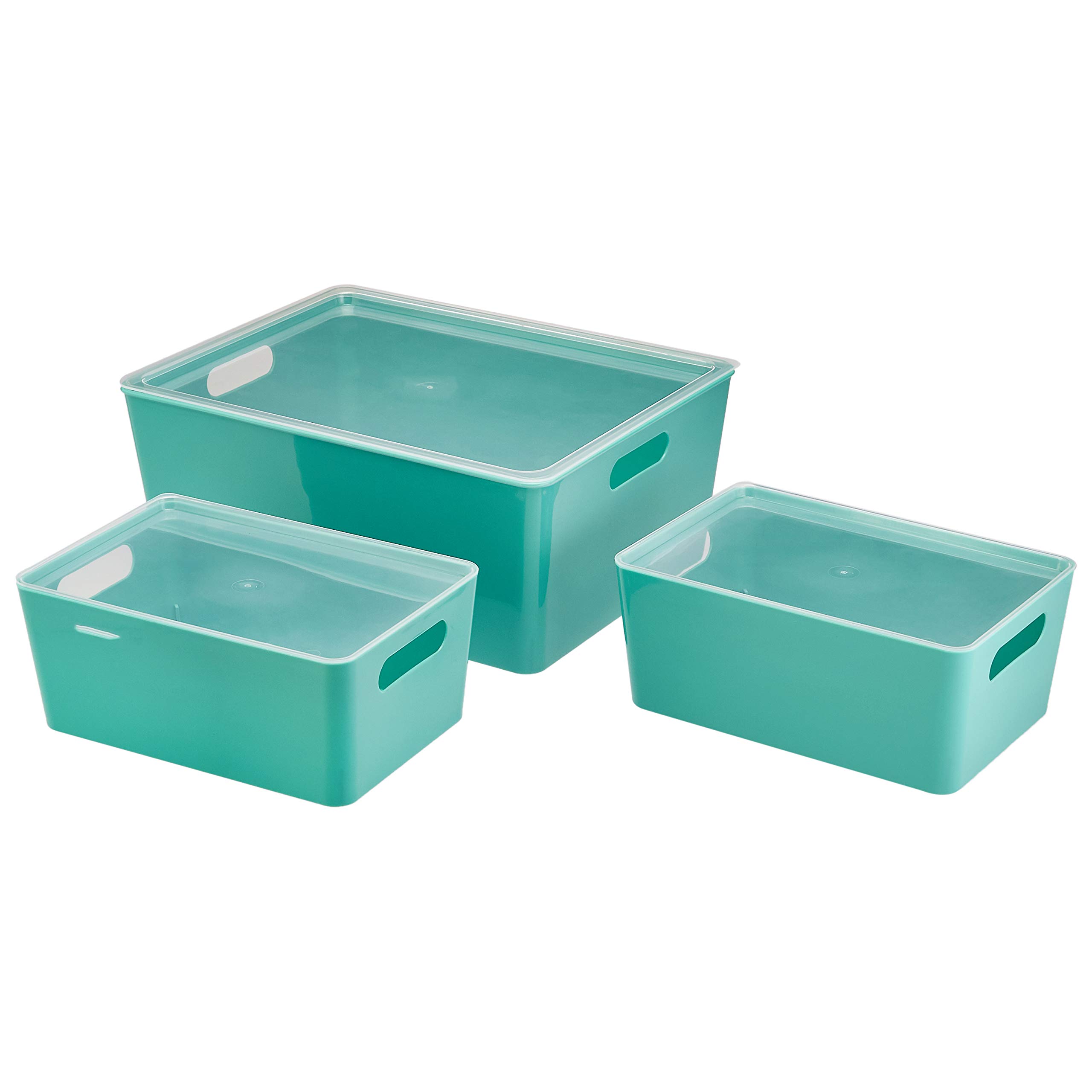 Amazon Basics 3-Piece Plastic Kitchen Storage Bins Set - Clear Food Containers for Pantry Organization, Fridge Storage & Meal Prep (BPA-Free, Stackable) - Perfect for Home, Office & Dorm Organization