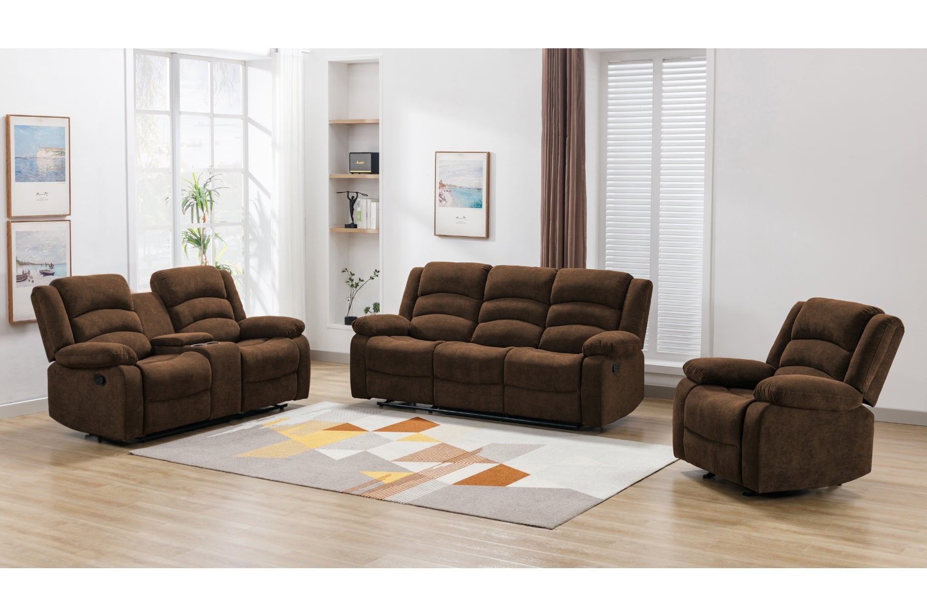 Comfortable Brown Reclining Sofa Set - 3-Piece Leather Living Room Furniture for Relaxation & Movie Nights